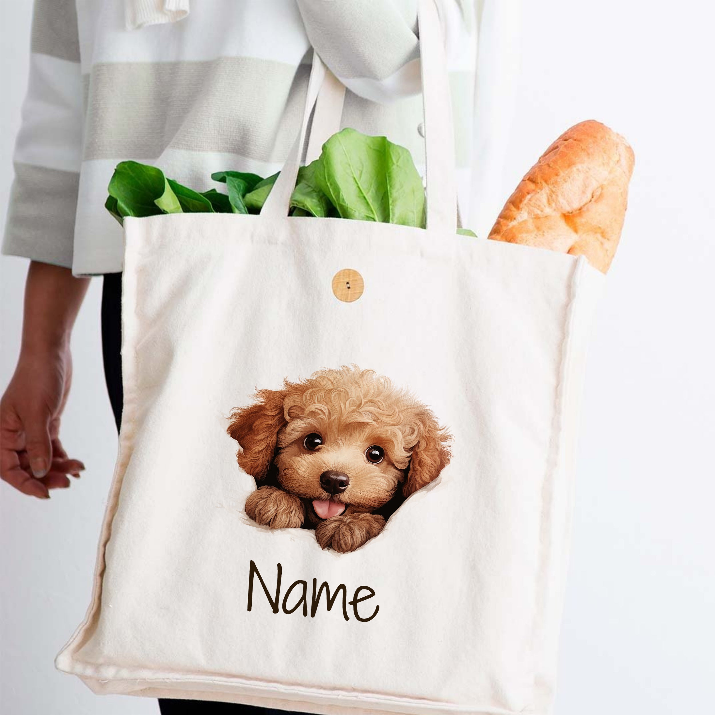 Beige Baumwolltasche mit Hundemotiv und personalisiertem Namen.