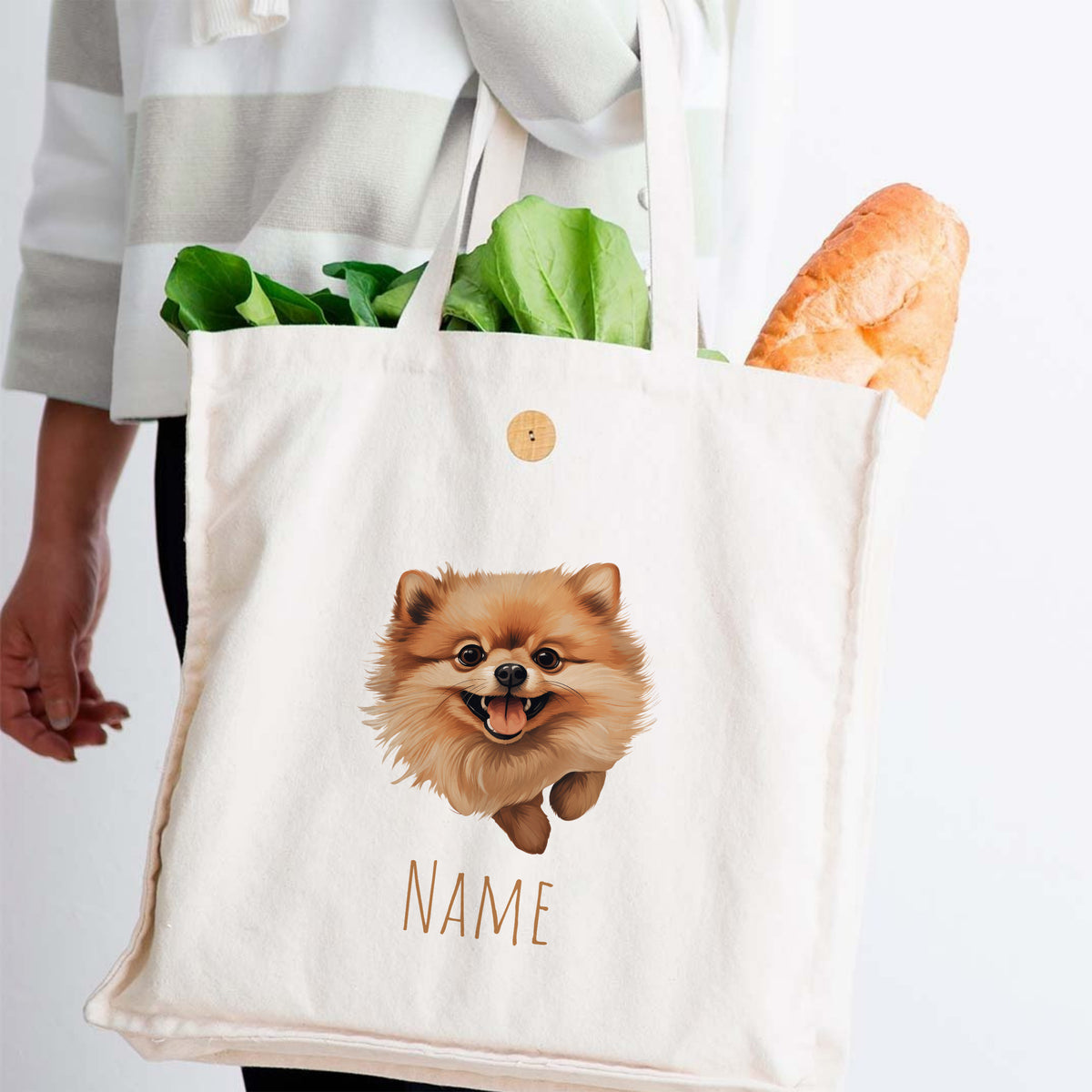Beige Baumwolltasche mit Pomeranian-Motiv und personalisierbarem Namen.