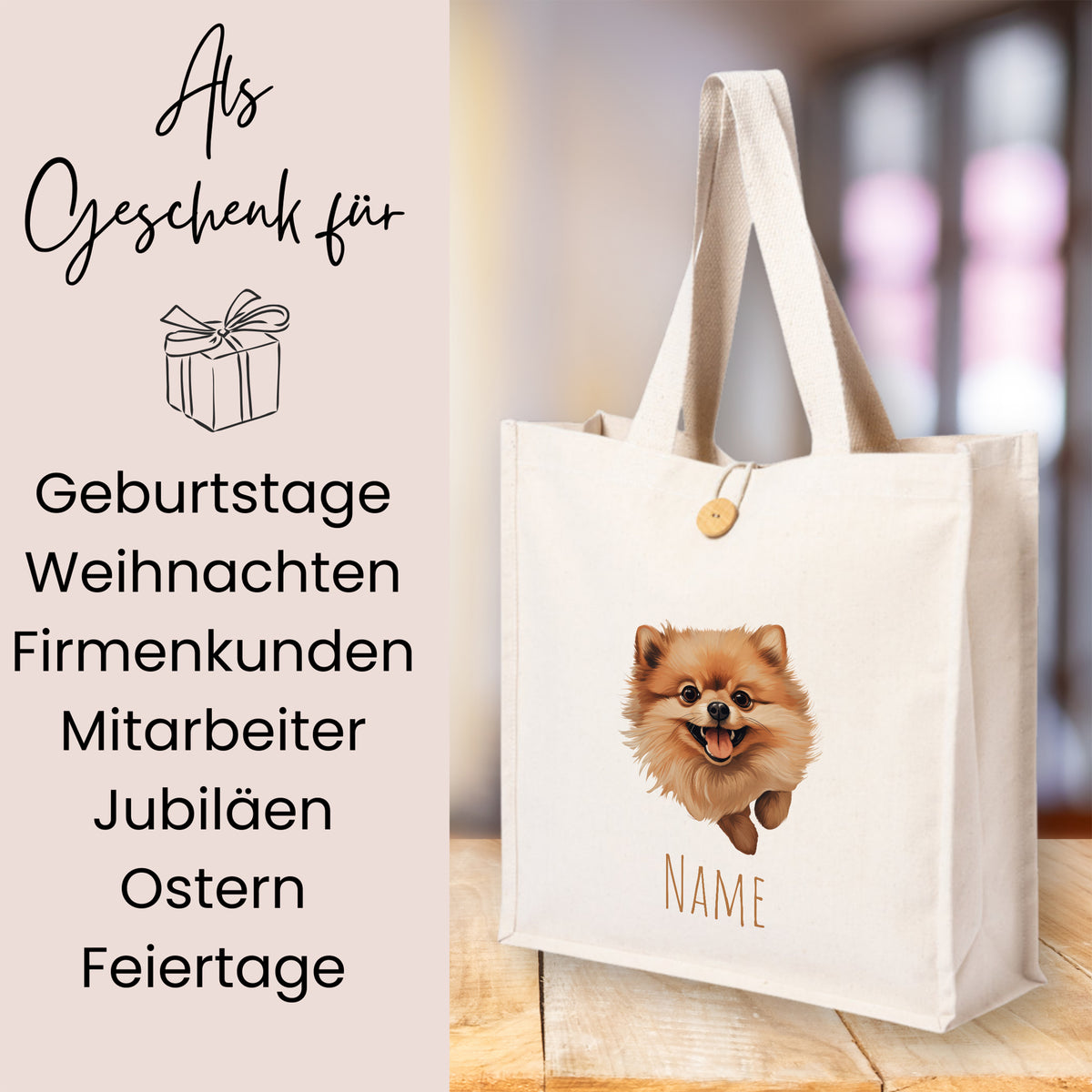 Beige Tragetasche mit Pomeranian-Motiv und personalisierbarem Namen.