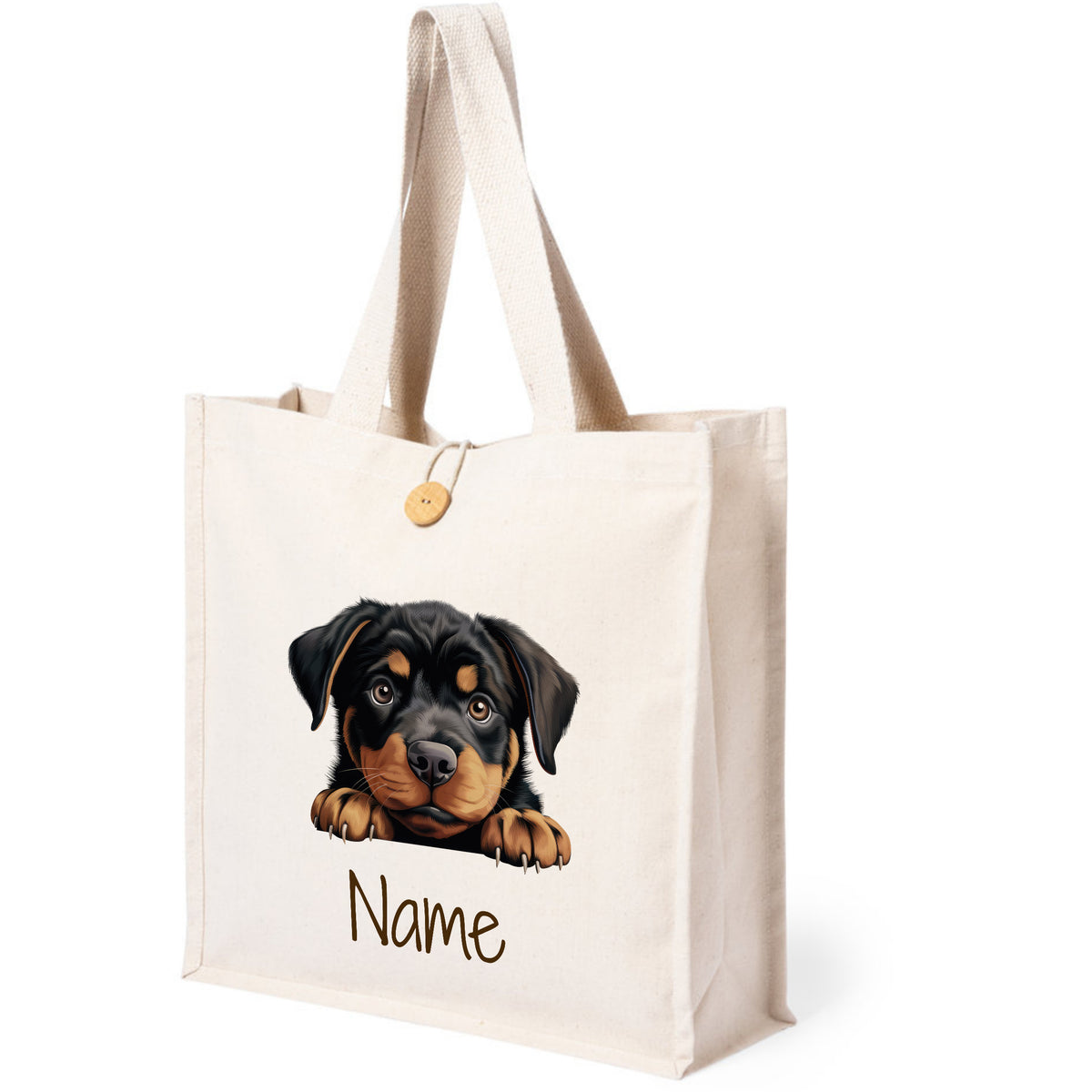 Beige Tragetasche mit Rottweiler-Motiv und personalisierbarem Namen.