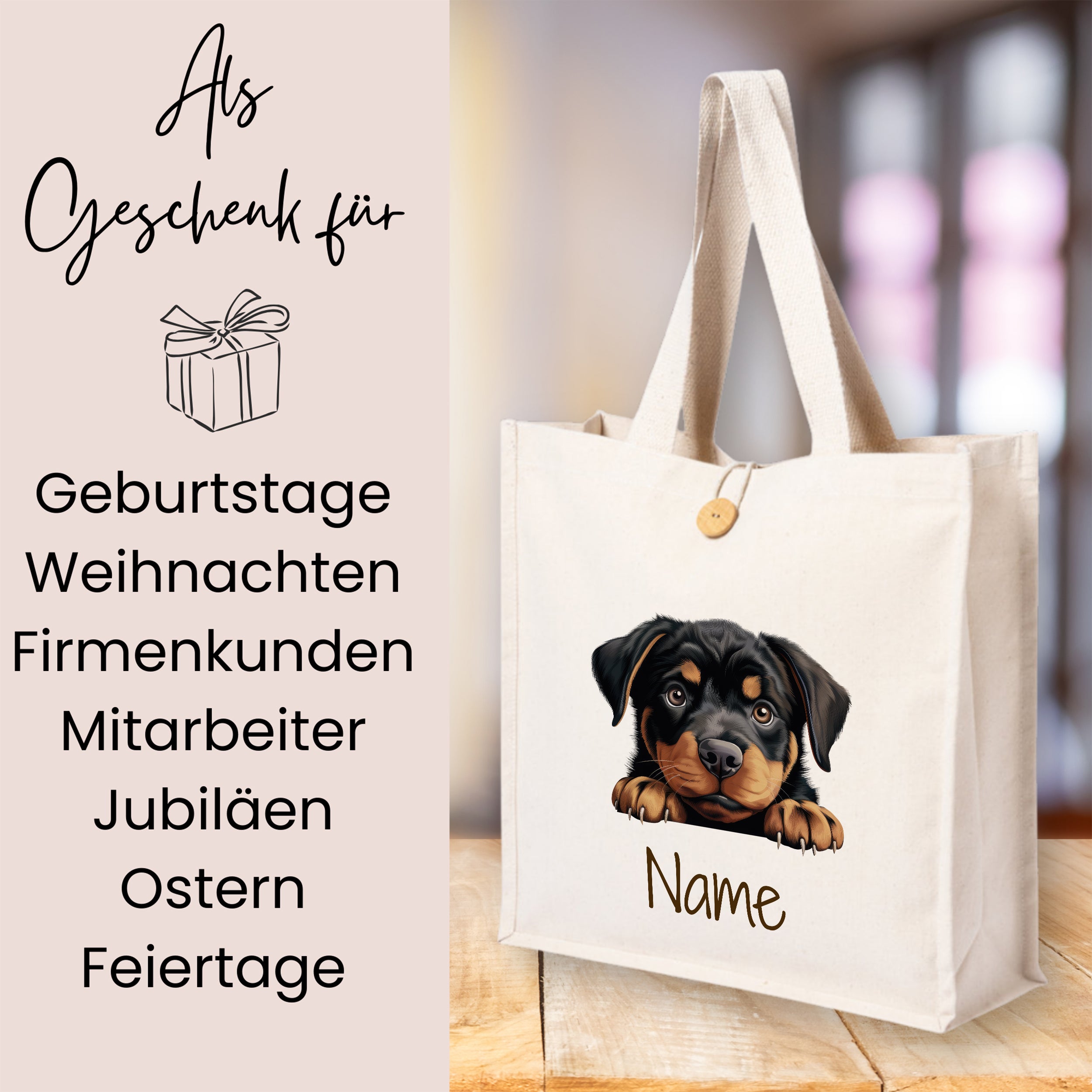Beige Stofftasche mit Rottweiler-Motiv und Platz für Namen.