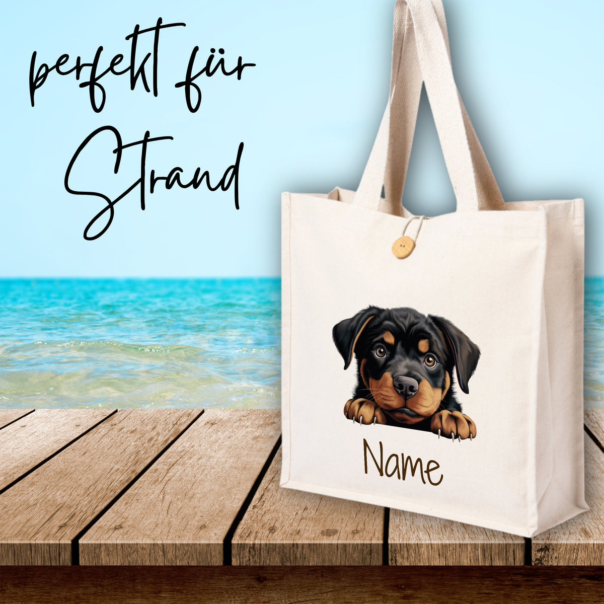 Beige Strandtasche mit Rottweiler-Motiv und Platz für Namen.