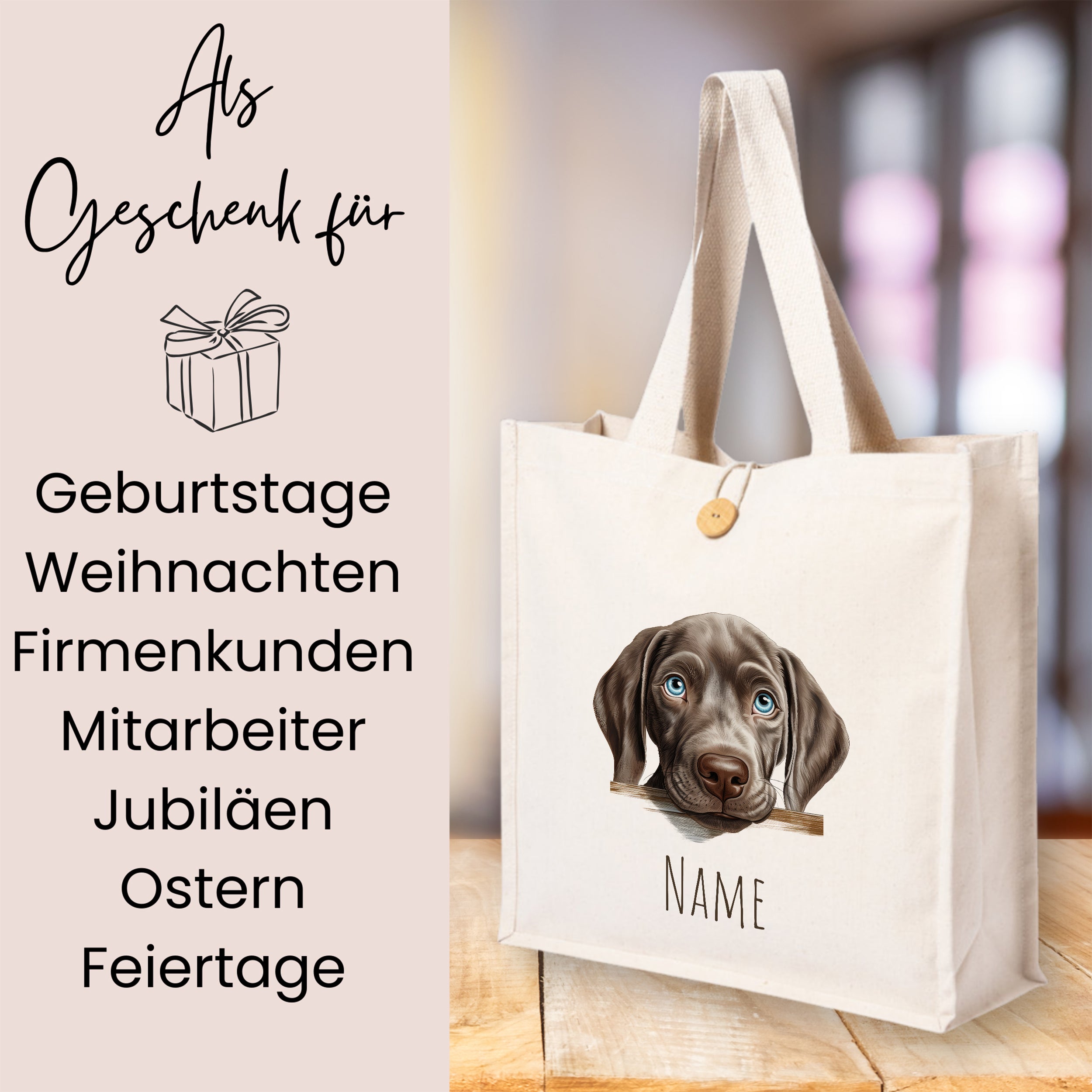 Beige Tragetasche mit Hundemotiv und personalisierbarem Namen.
