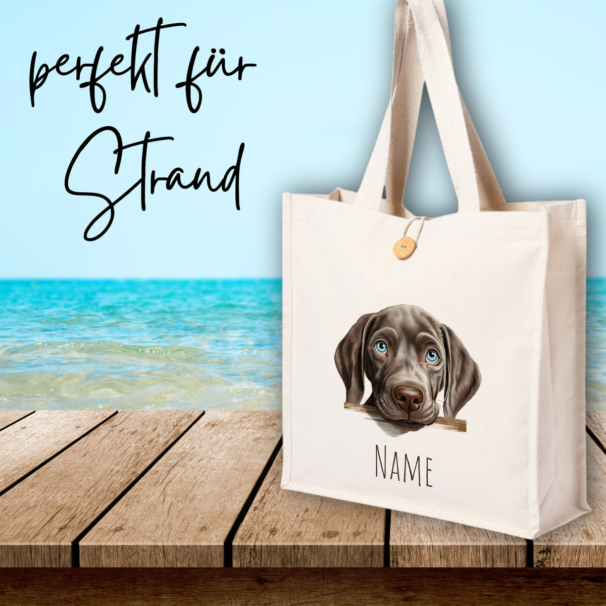 Beige Strandtasche mit Hundemotiv und personalisierbarem Namen.