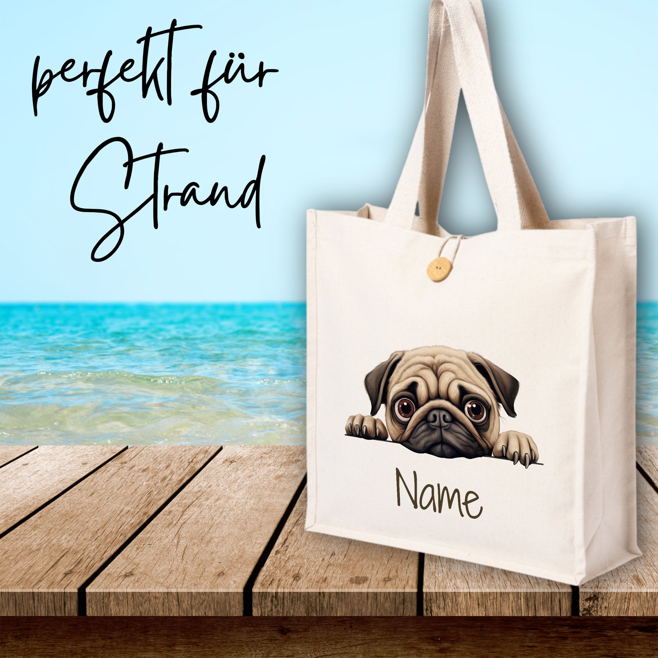 Beige Strandtasche mit Pug-Motiv und personalisierbarem Namen.