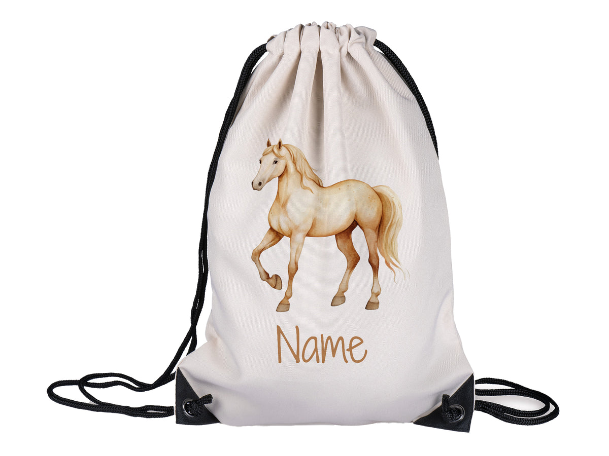 Beige Turnbeutel mit Pferdemotiv und personalisierbarem Namen.