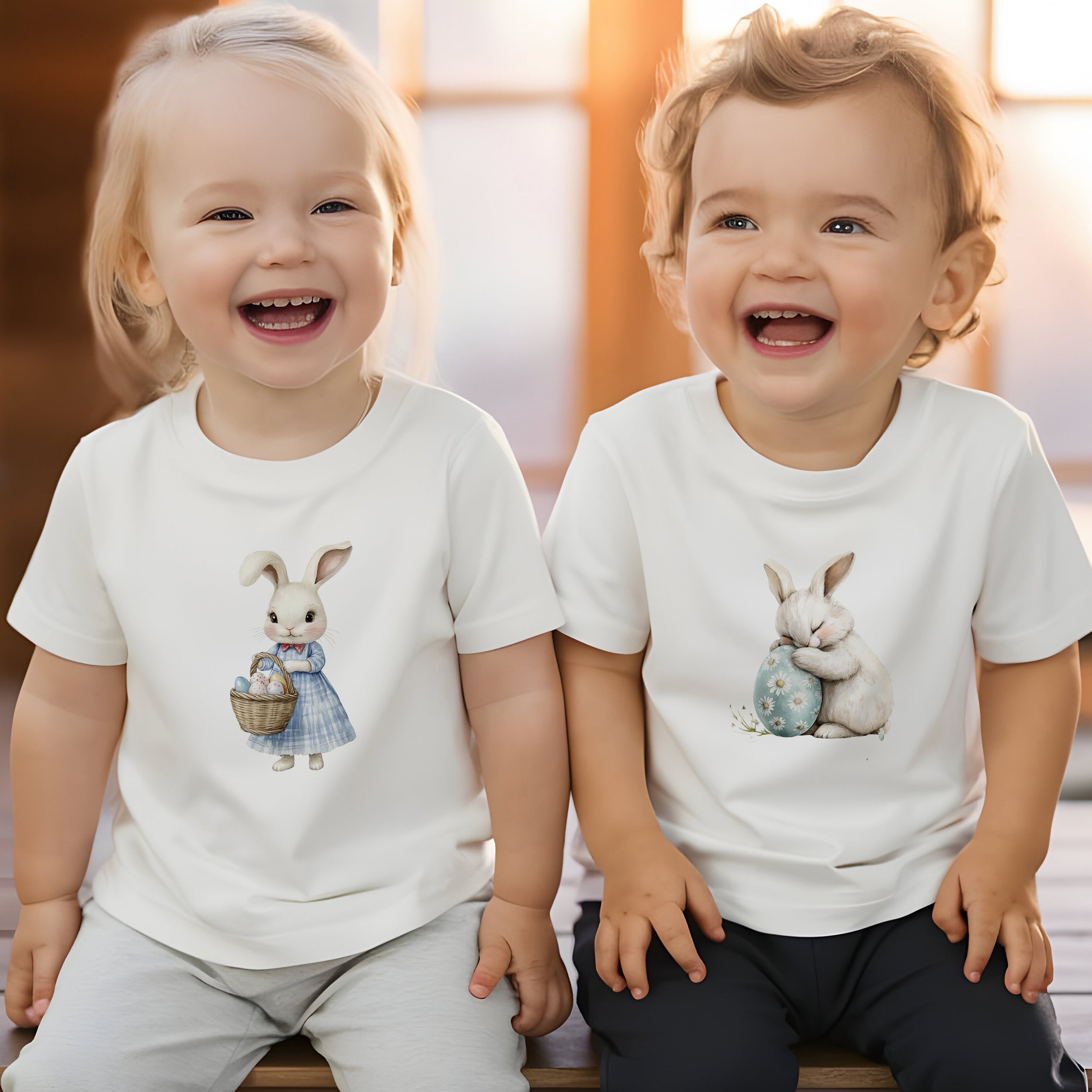 Zwei Kinder in weißen T-Shirts mit Hasenmotiven.