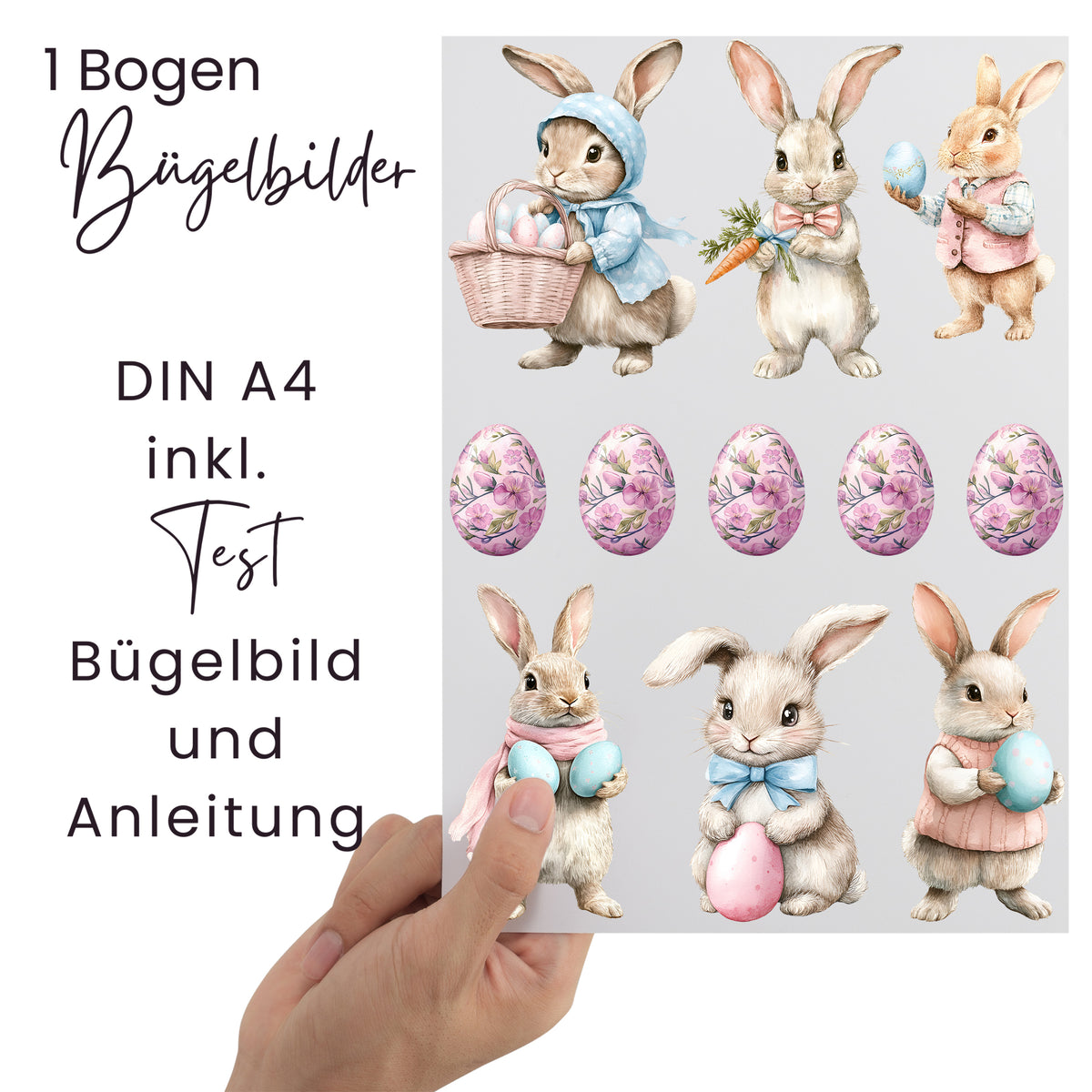 Bügelbilder mit niedlichen Hasen und bunten Eiern, DIN A4.