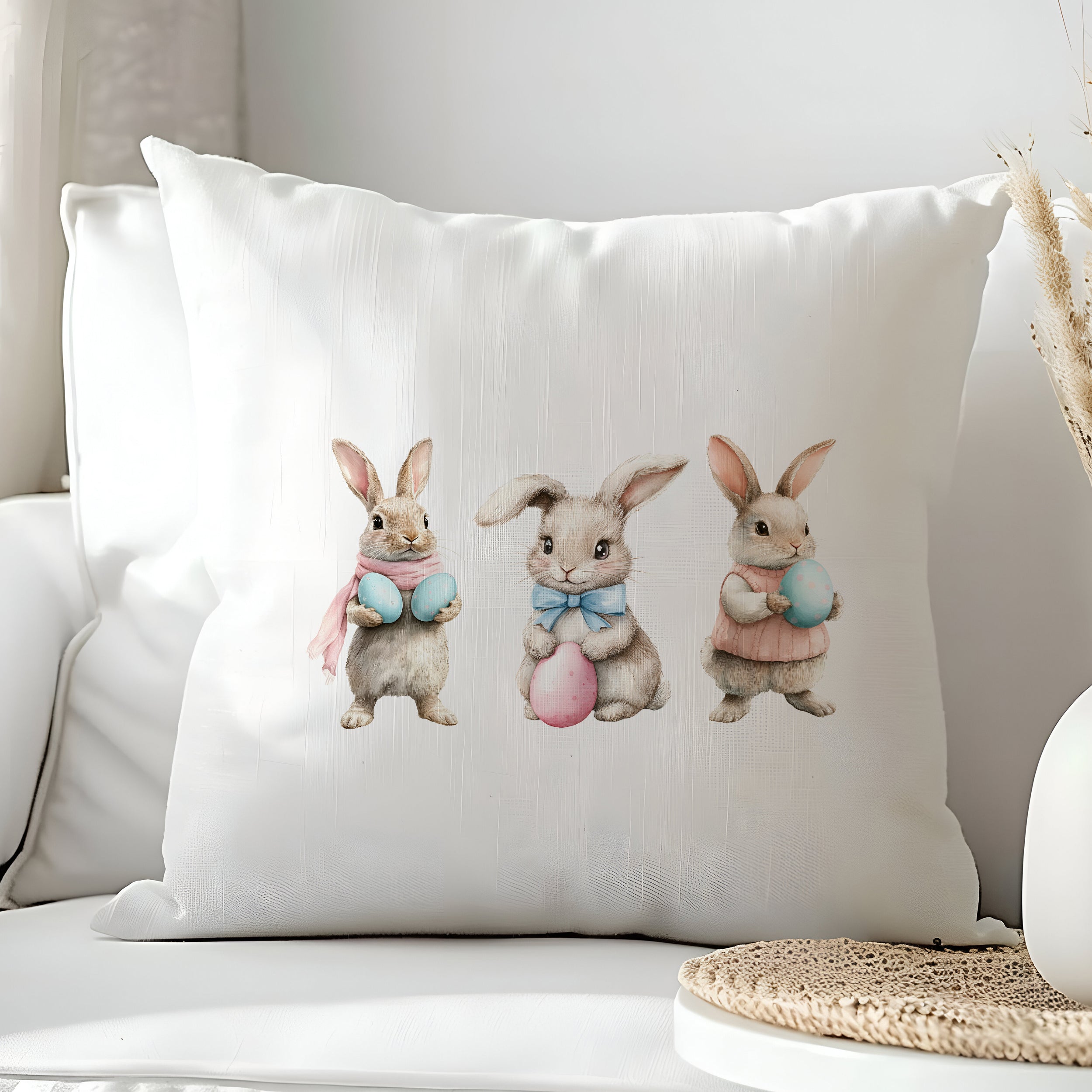 Kissen mit drei niedlichen Hasen und bunten Eiern.