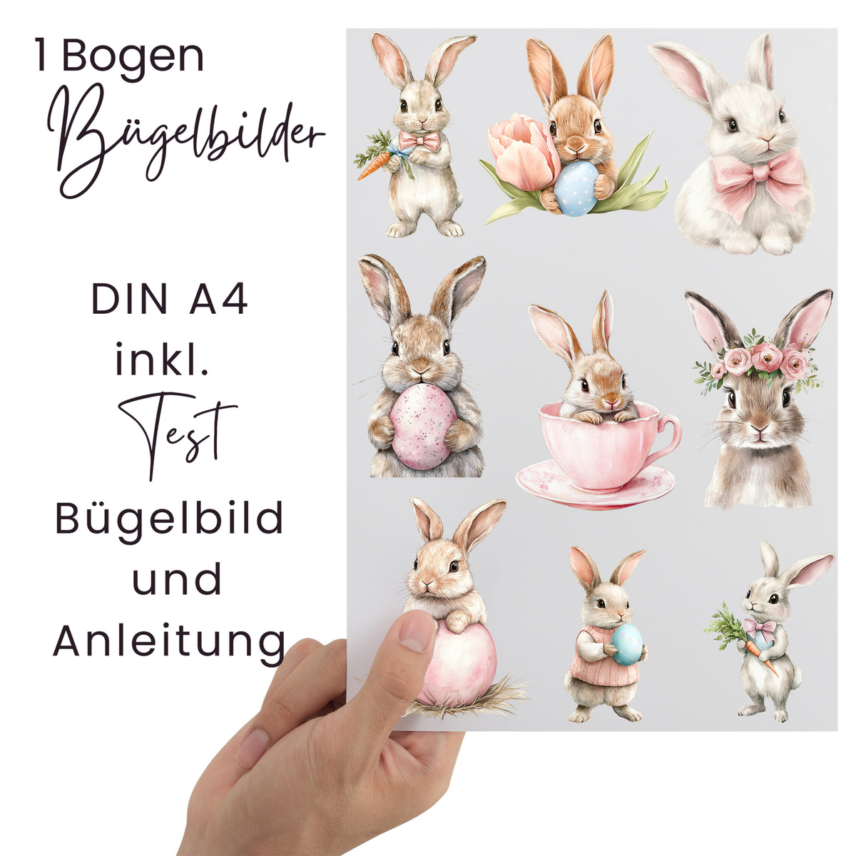 Bogen mit niedlichen Hasenmotiven, Pastellfarben, DIN A4.