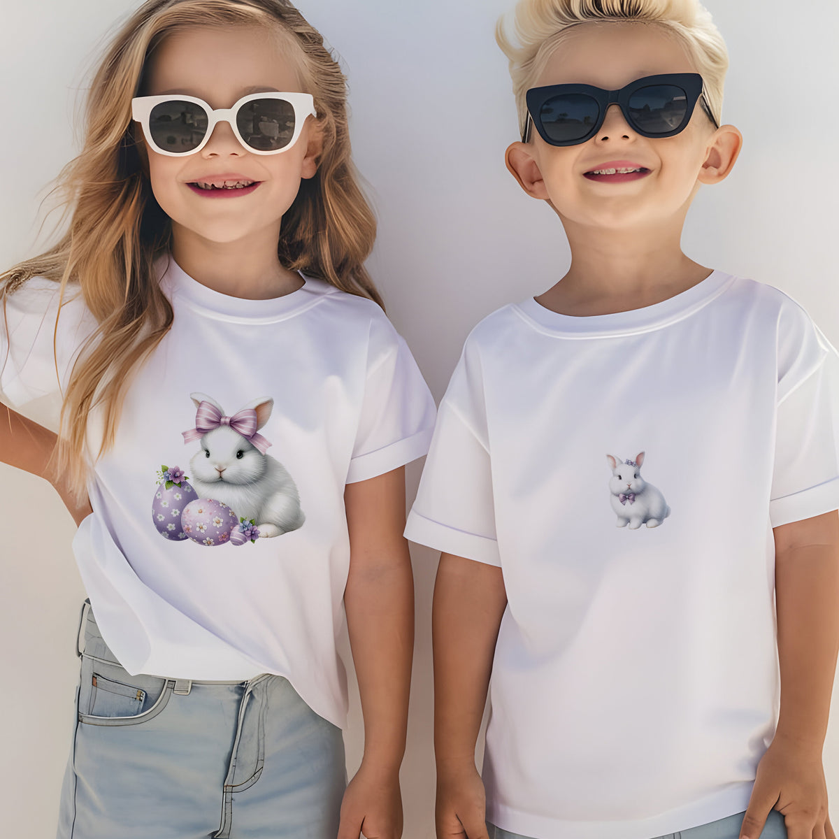 Weiße T-Shirts mit Hasenmotiven, Kinder tragen Sonnenbrillen.