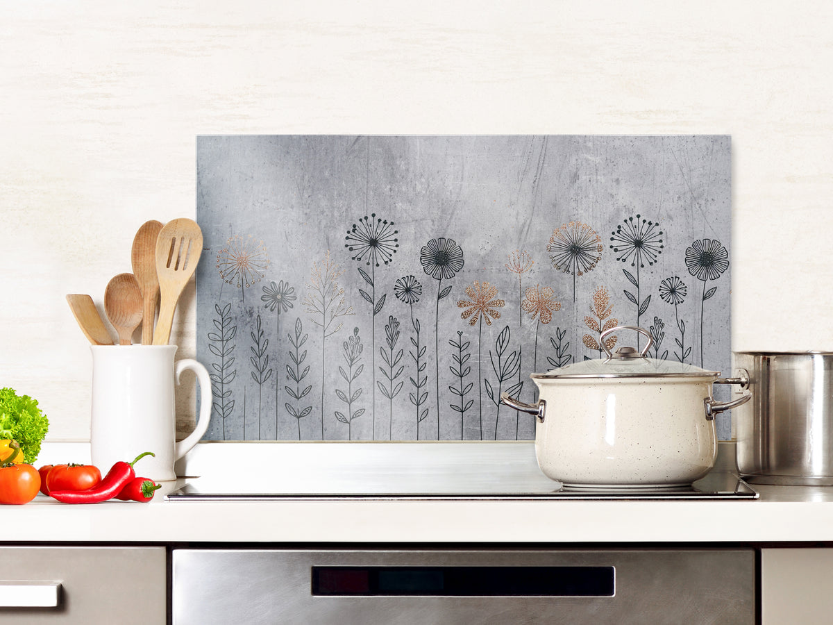 Detailansicht des Glas-Spritzschutzes mit grauem Blumenmuster