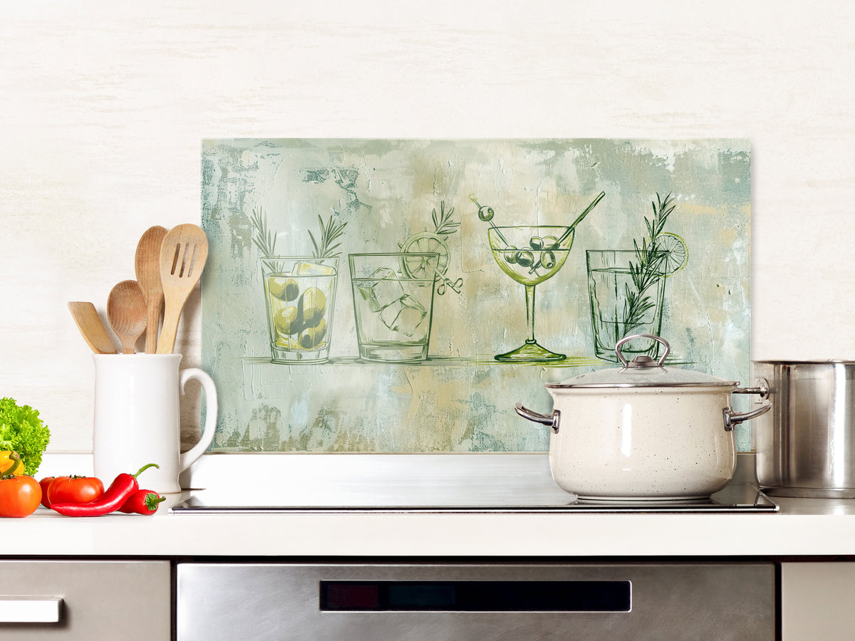 Detailansicht des Glas-Spritzschutzes mit Cocktailgläsern