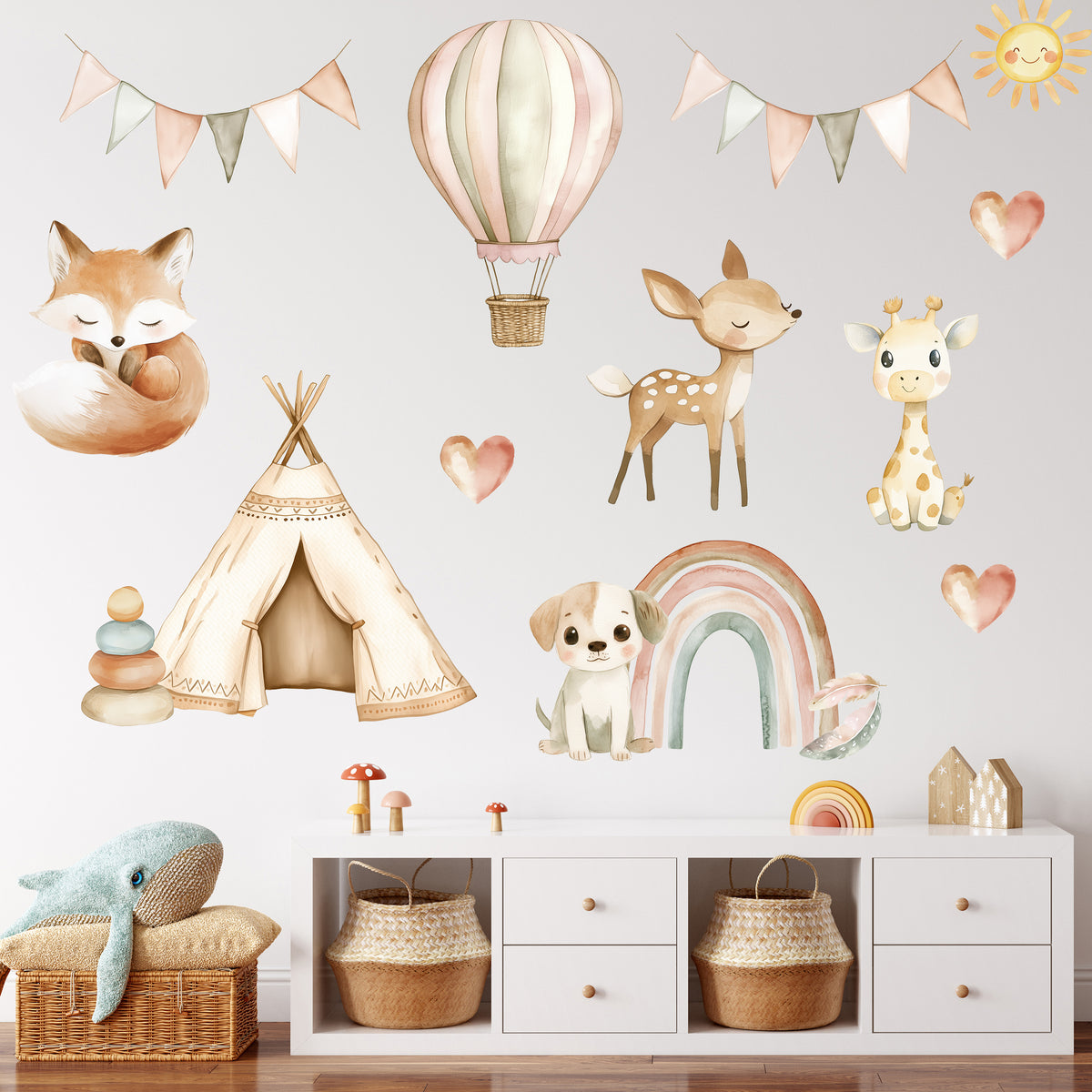 Boho-Wandtattoo fürs Kinderzimmer mit Tieren, Regenbogen, Heißluftballon und Tipi