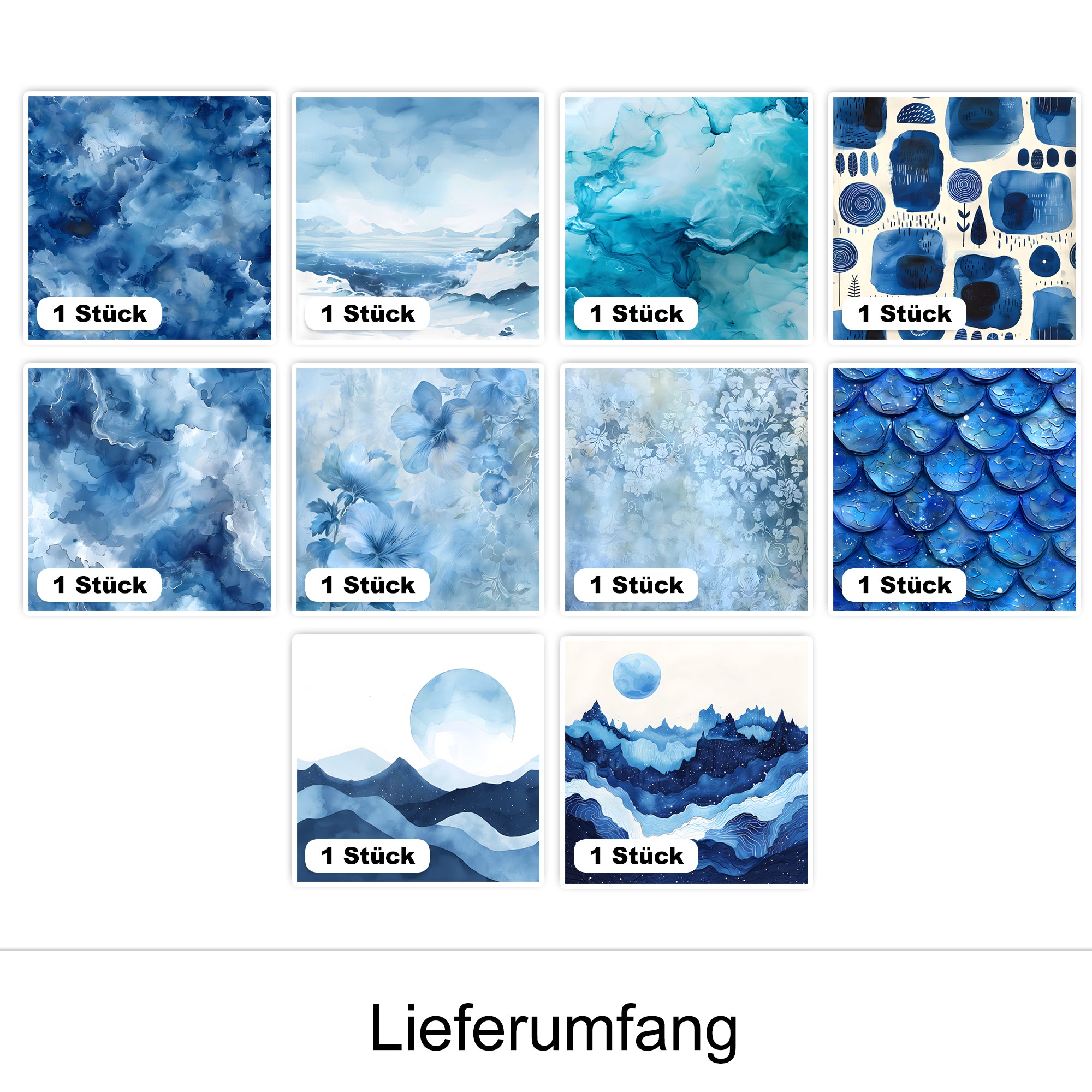 Zehn aquarellierte Bilder in Blau- und Türkistönen.