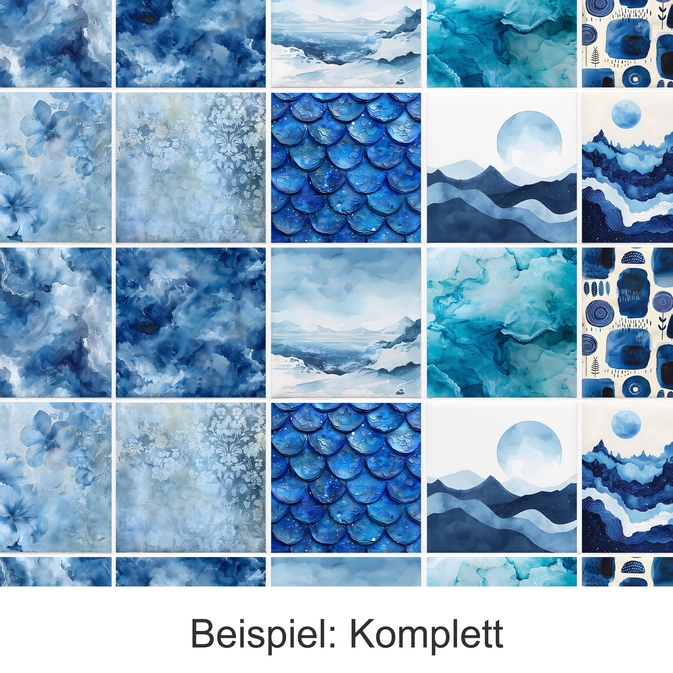 Muster in Blau- und Türkistönen, abstrakte und florale Designs.