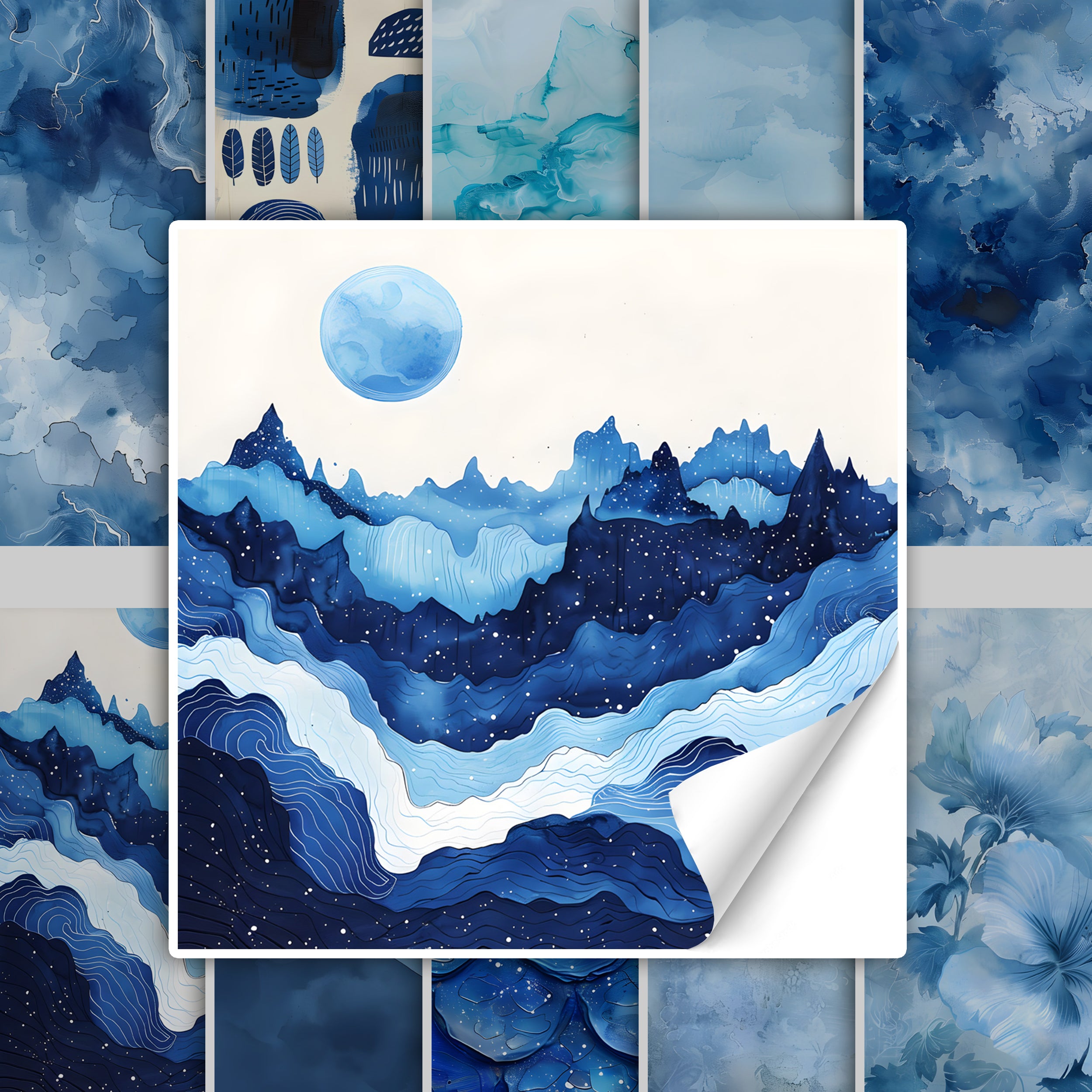 Abstrakte blaue Landschaft mit Mond und Sternenhimmel.
