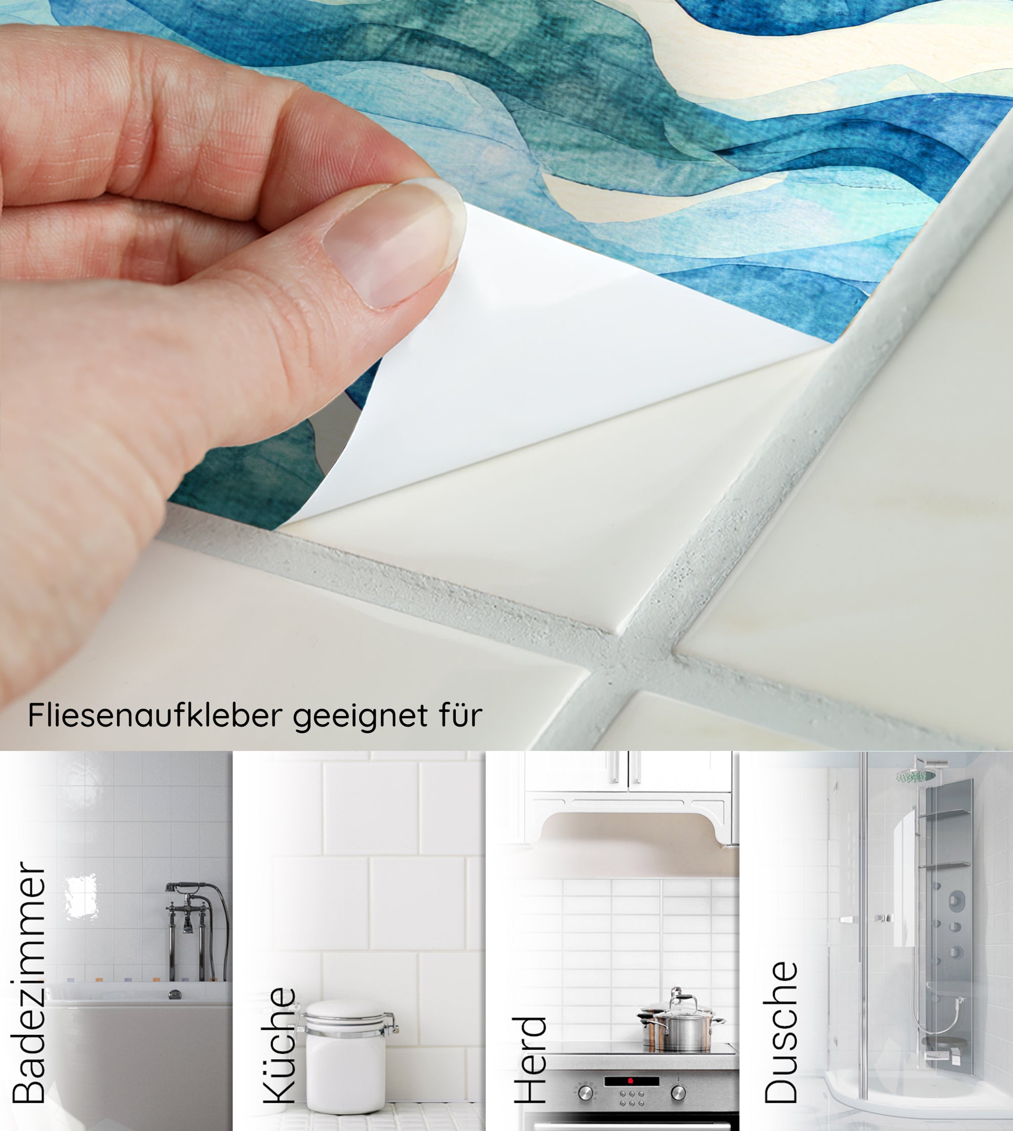 Fliesenaufkleber in Blau- und Grüntönen für Badezimmer.