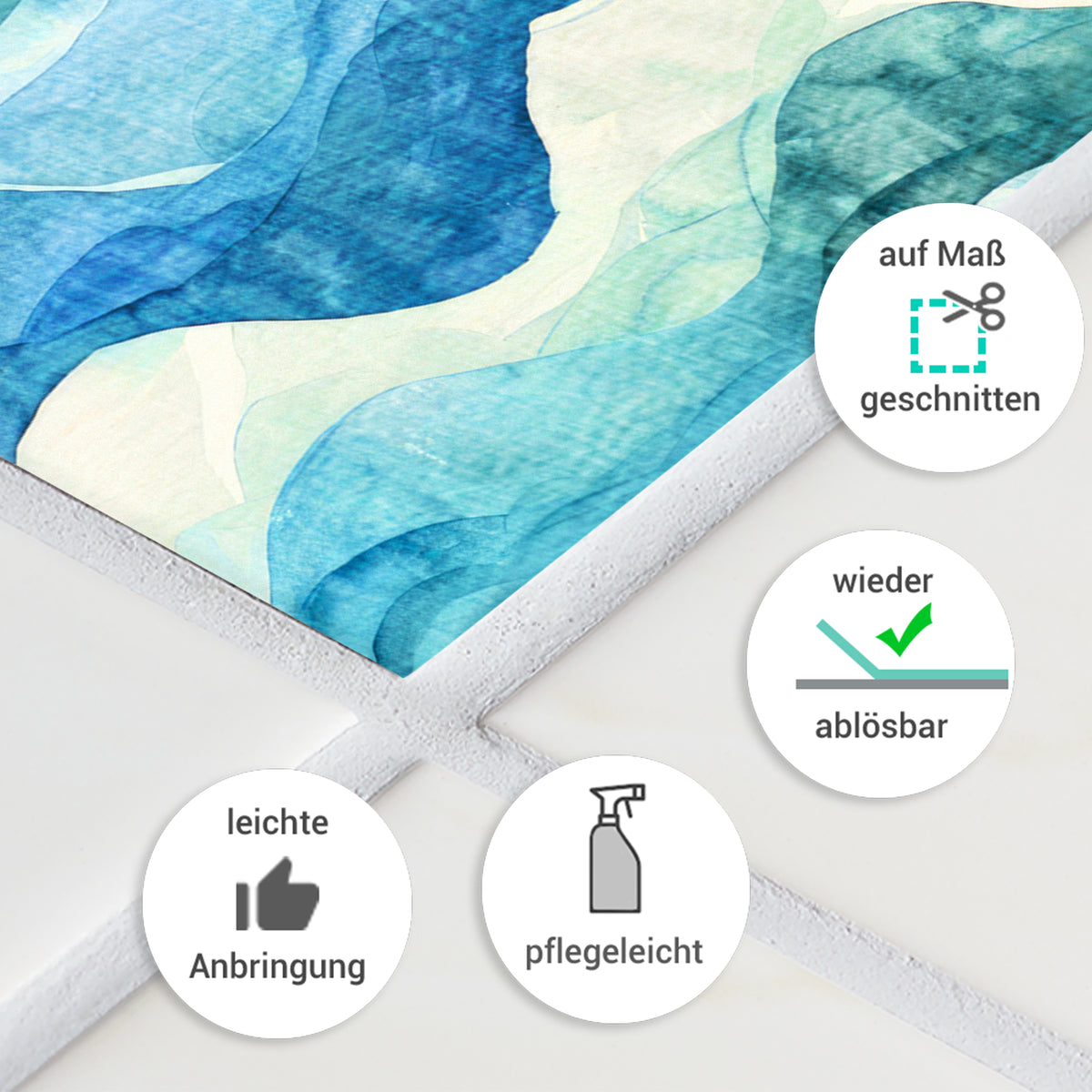 Blau-grüner Wandaufkleber, pflegeleicht und wiederablösbar.