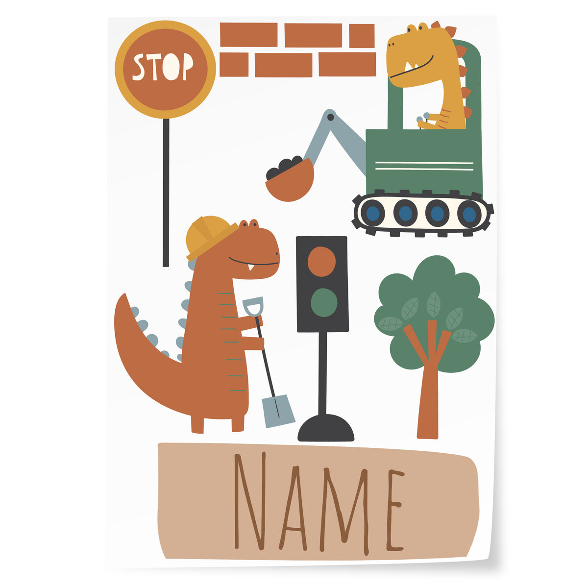 Dinosaurier mit Baustellenmotiven, Stoppschild und Ampel.