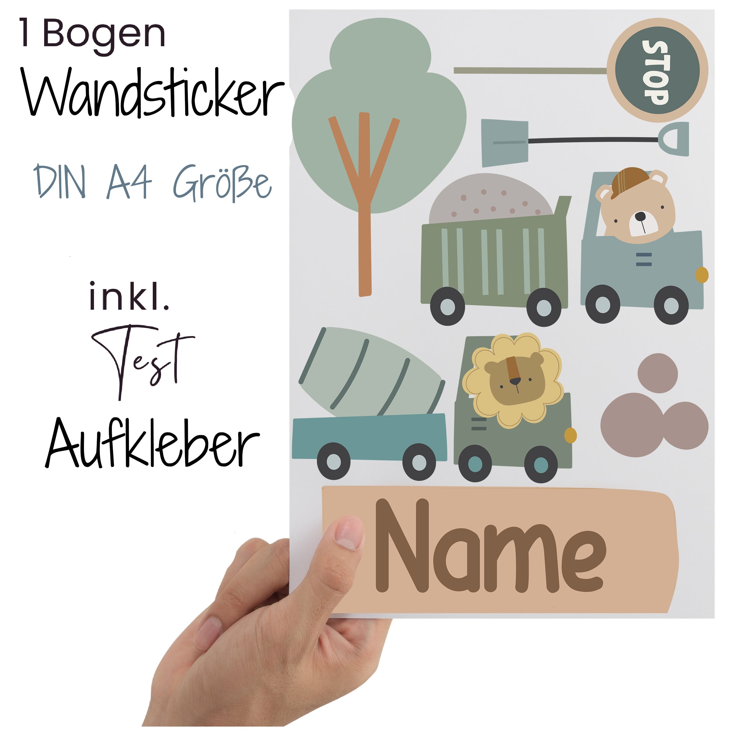 Wandsticker A4, bunte Fahrzeuge, inkl. Testaufkleber, personalisierbar.