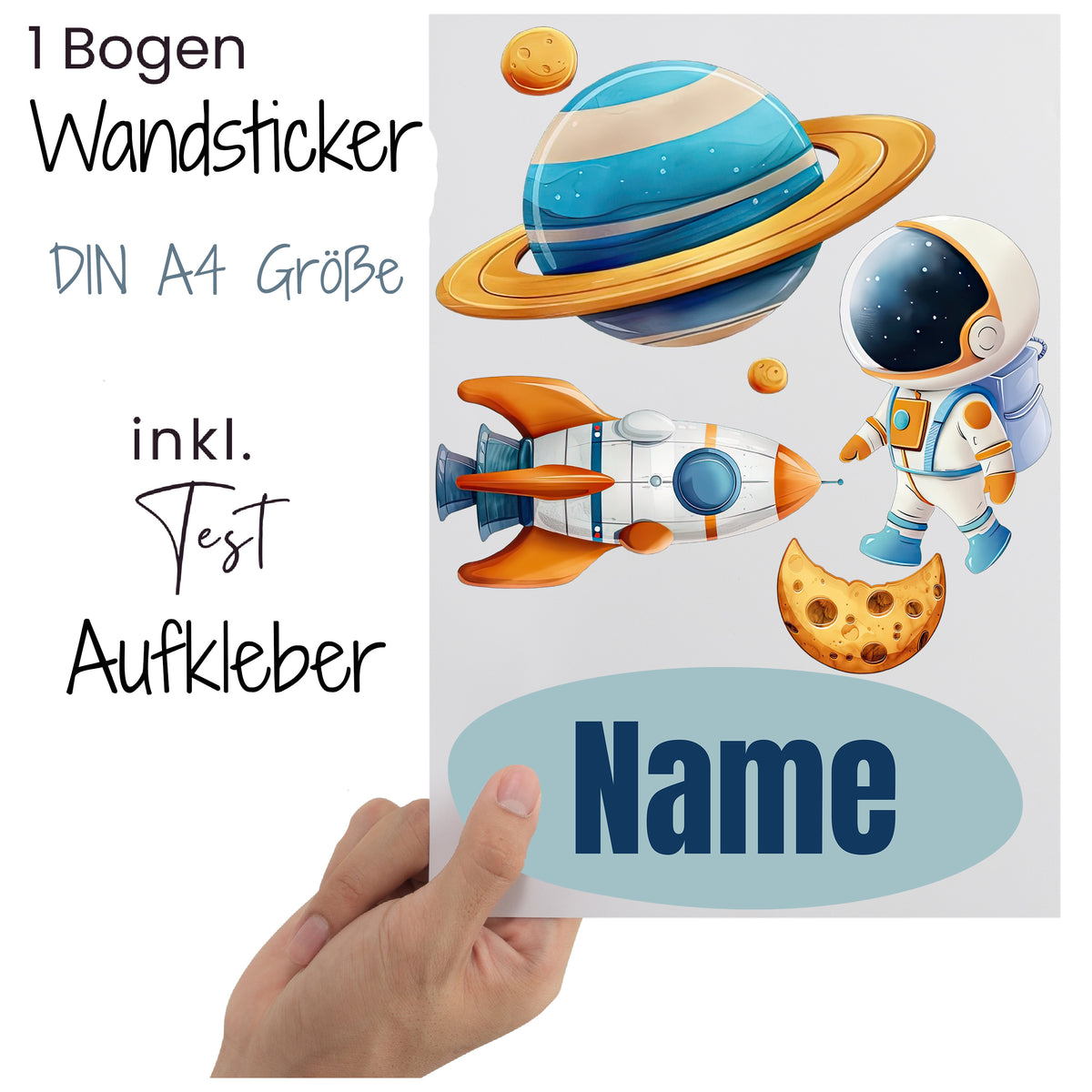 Wandsticker mit Astronaut, Rakete und Planeten, DIN A4.