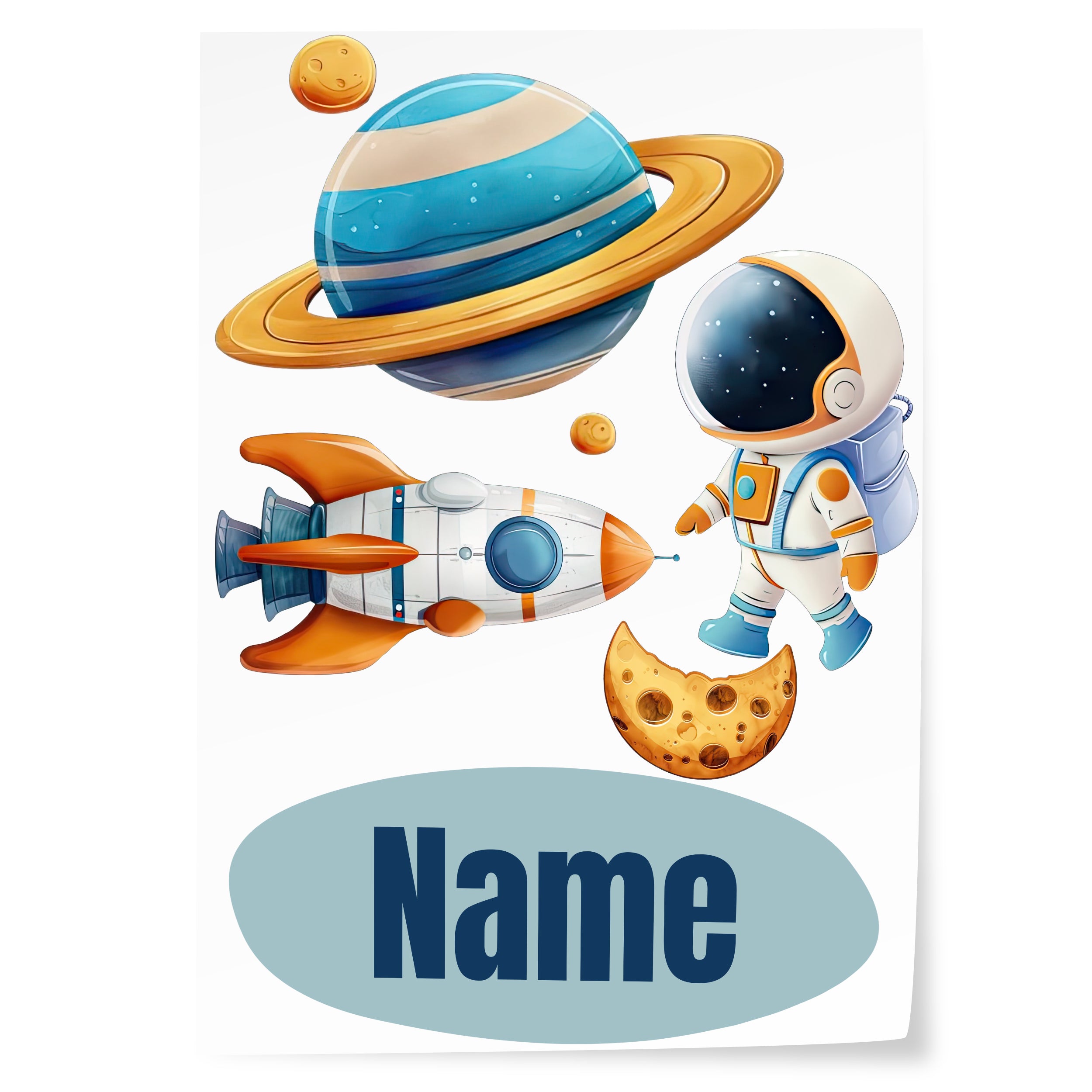 Astronaut mit Rakete, Planet und Keks, bunte Farben.