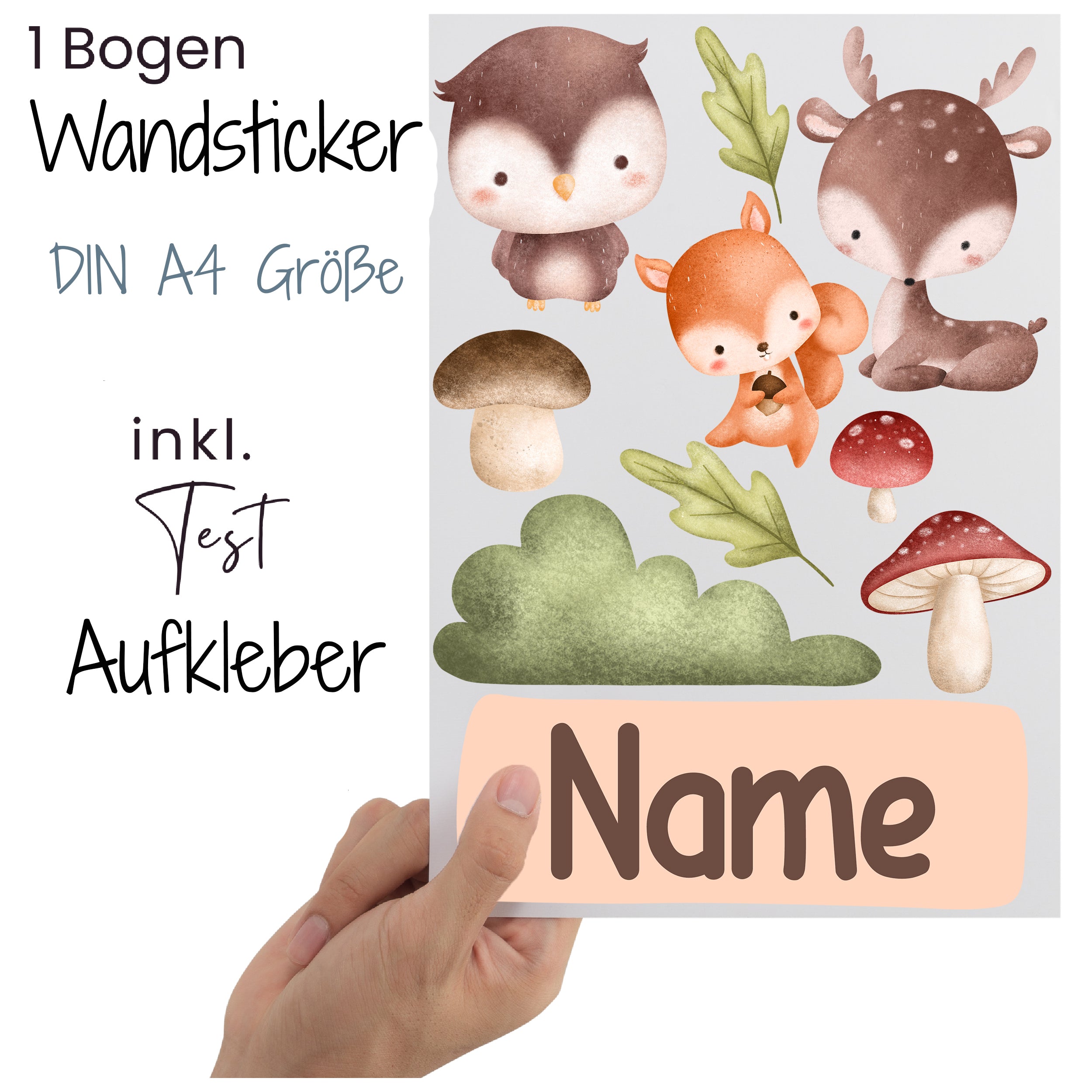 Wandsticker mit Tieren, Pilzen und personalisierbarem Namen.