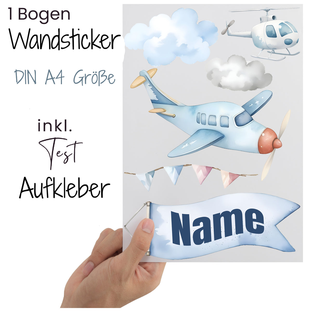 Wandsticker mit Flugzeug, Helikopter und Wolken in Pastellfarben.