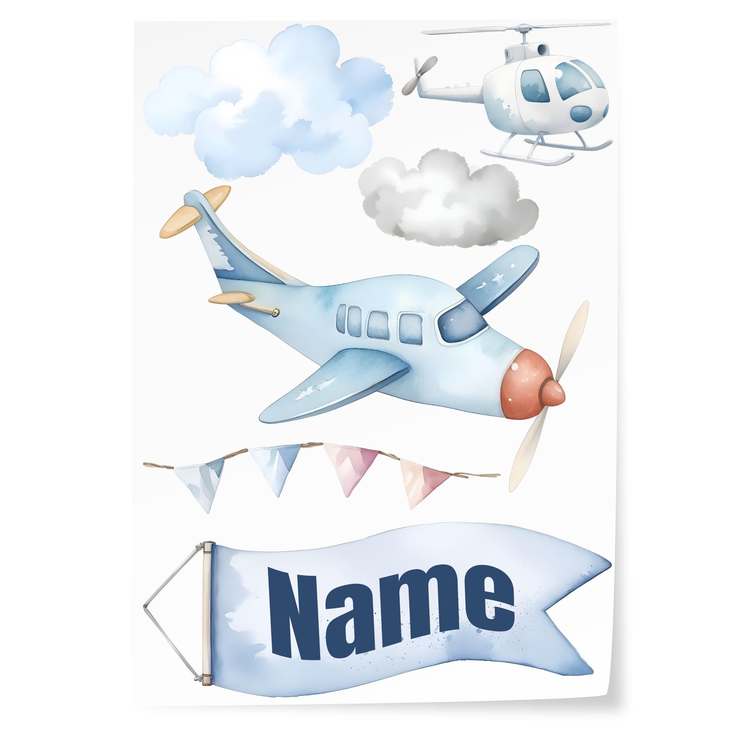 Blaues Flugzeug, Helikopter, Wolken und Wimpel mit Name.