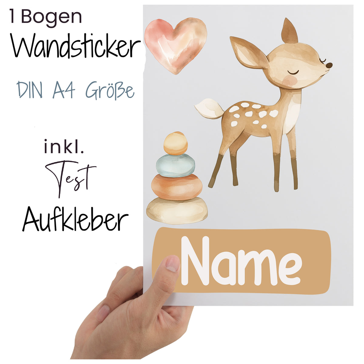 Wandsticker mit Reh, pastellfarbenen Steinen und Platz für Namen.