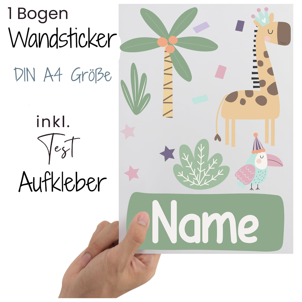 Wandsticker mit Giraffe, Palme und bunten Details, DIN A4.