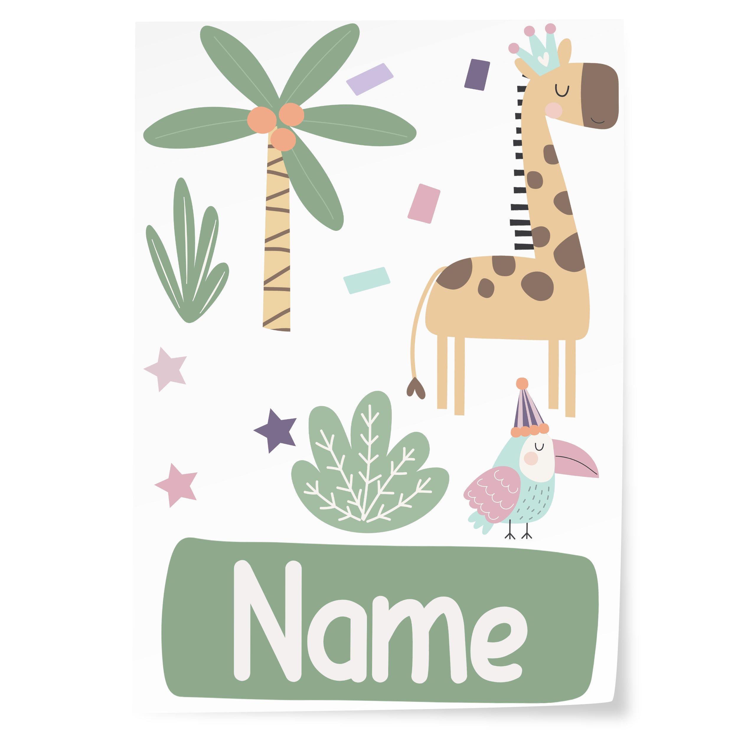 Giraffe, Palme, bunte Elemente, grüner Hintergrund, Name.