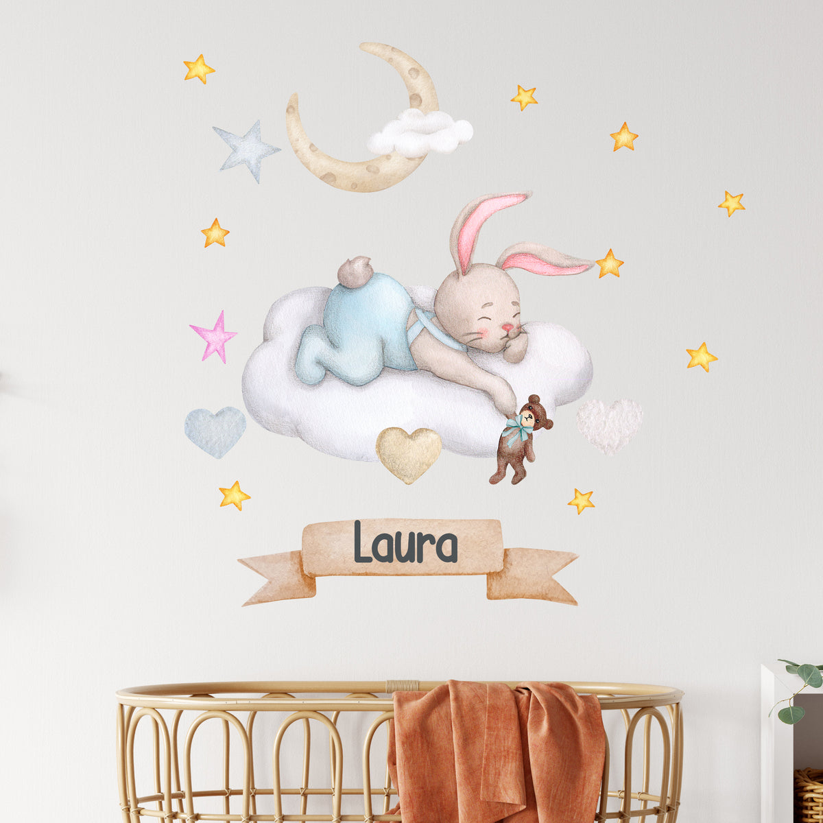 Schlafender Hase auf Wolke, Sterne, personalisiert mit "Laura".