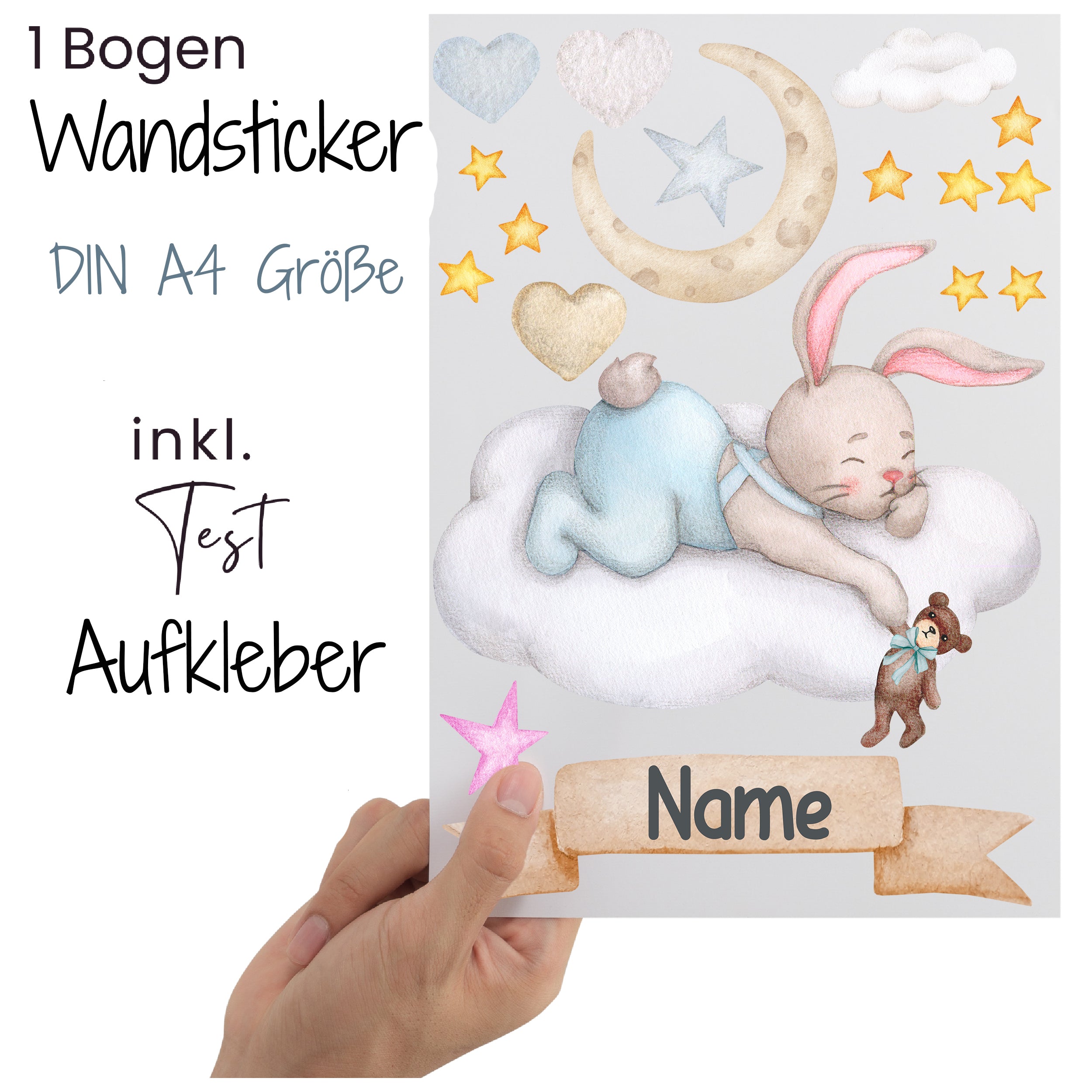 Wandsticker Bogen mit Mond, Sternen und schlafendem Hasen.