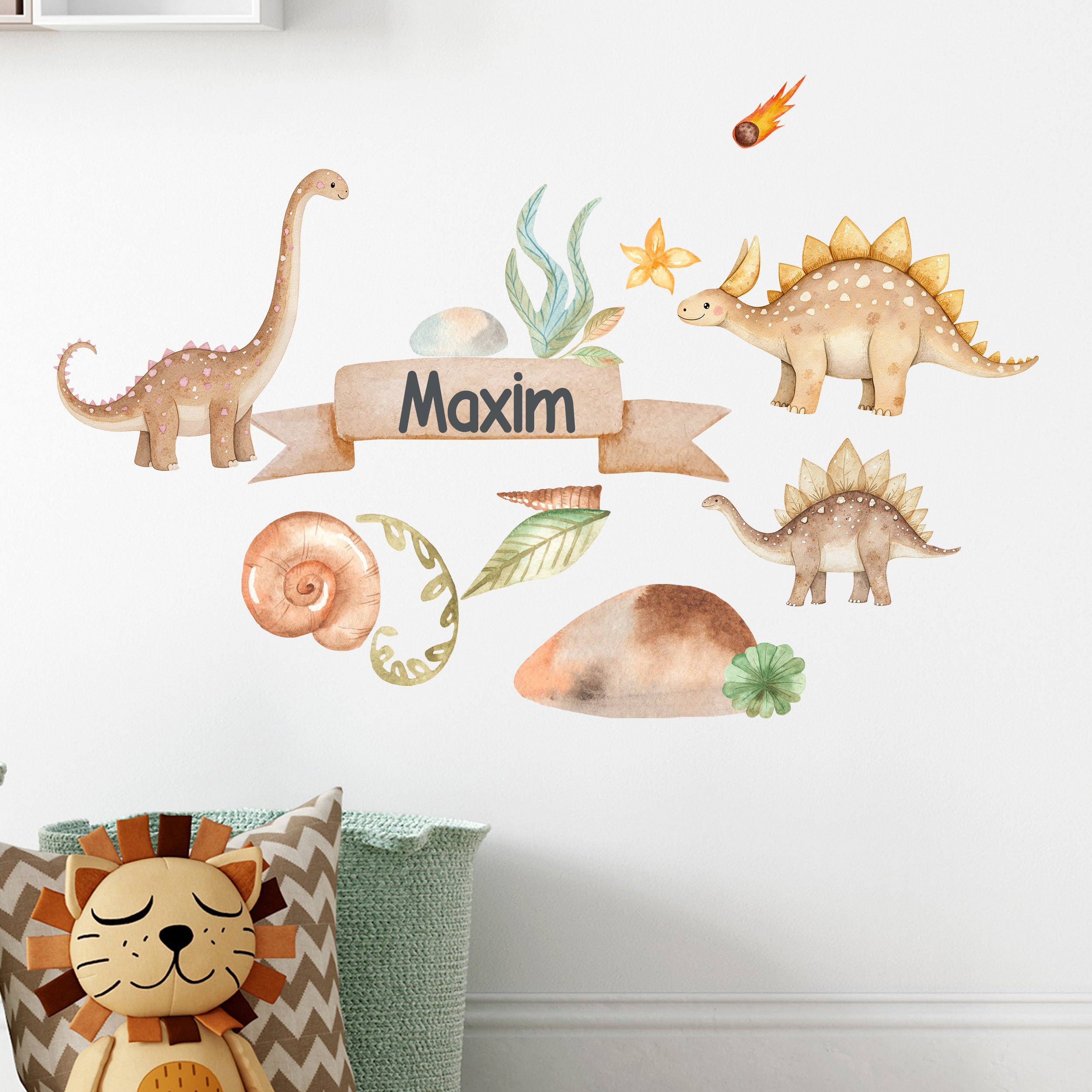 Wandtattoo mit Dinosauriern in sanften Farben und Namen.