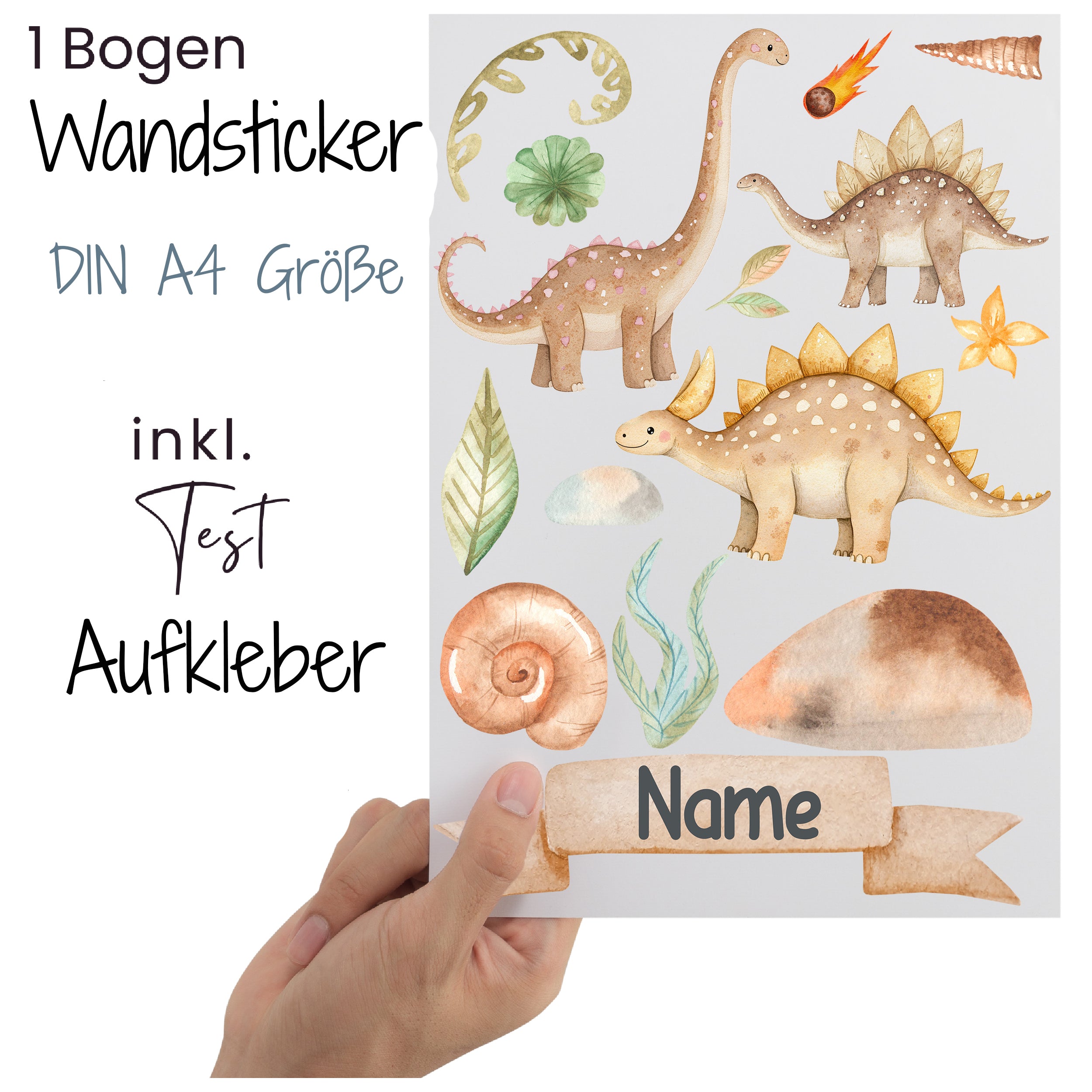 Wandsticker mit Dinosauriern und Naturmotiven, A4 Größe.