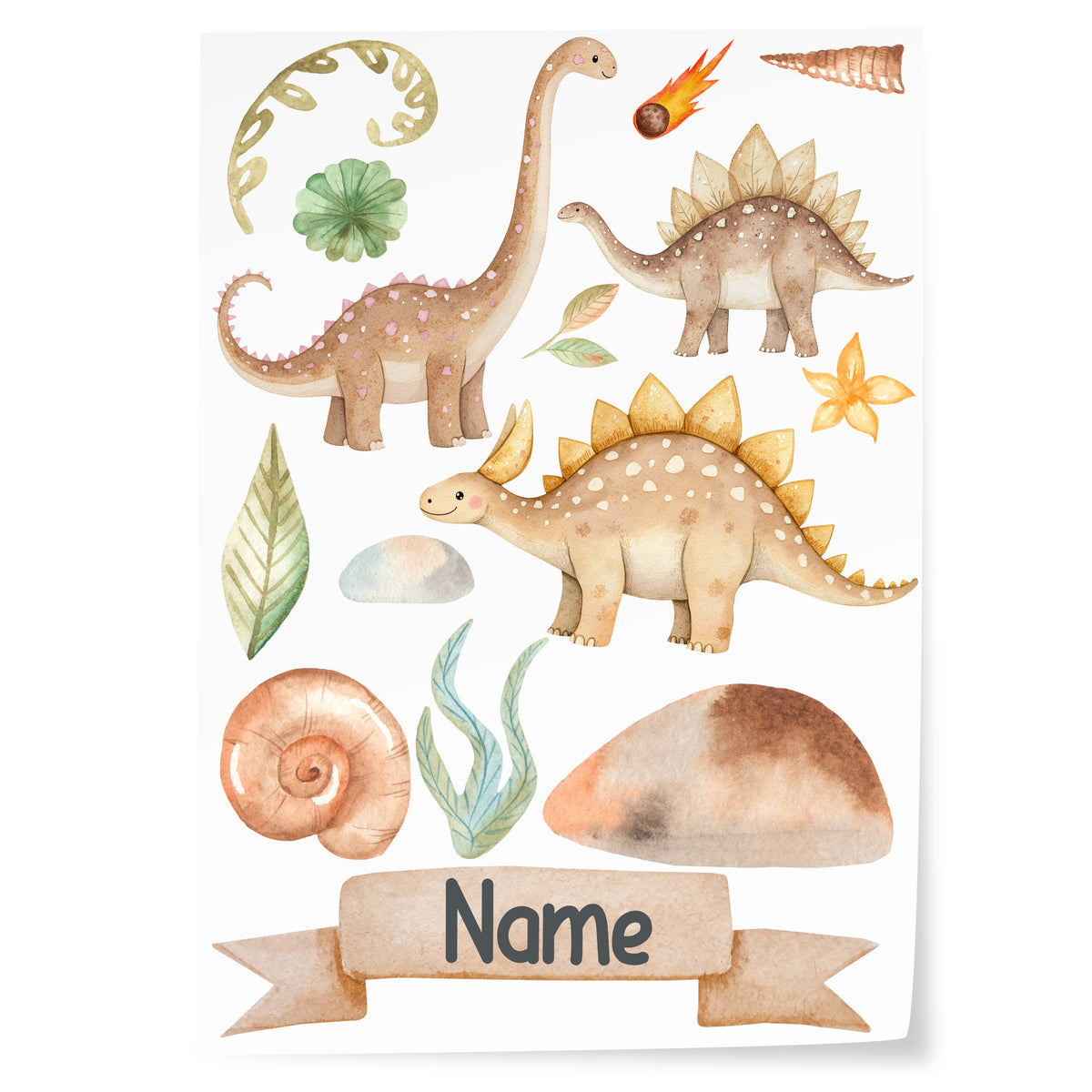 Wasserfarbene Dinosaurier, Pflanzen und Muscheln, sanfte Farben.