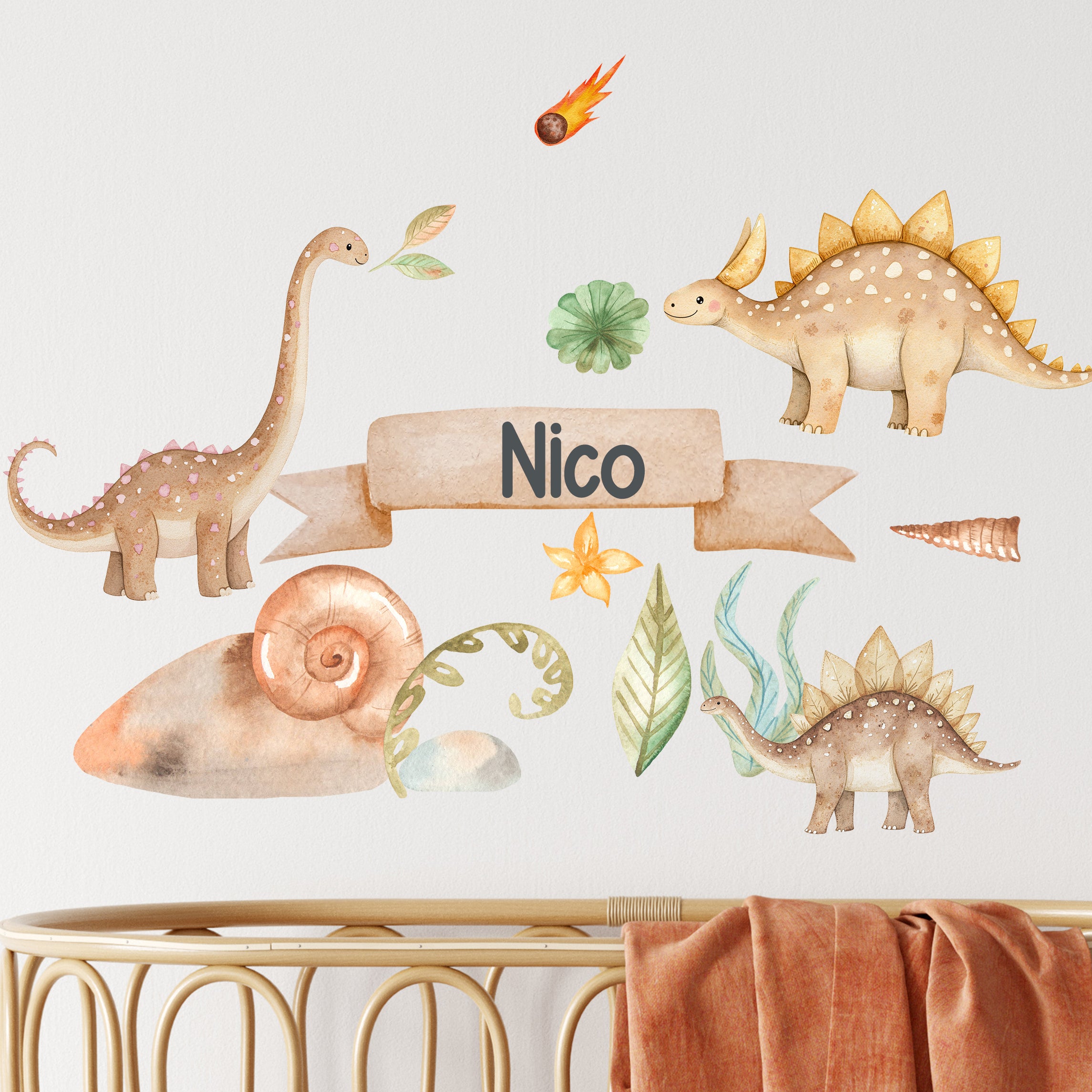 Wandtattoo mit Dinosauriern in sanften Farben für Kinderzimmer.
