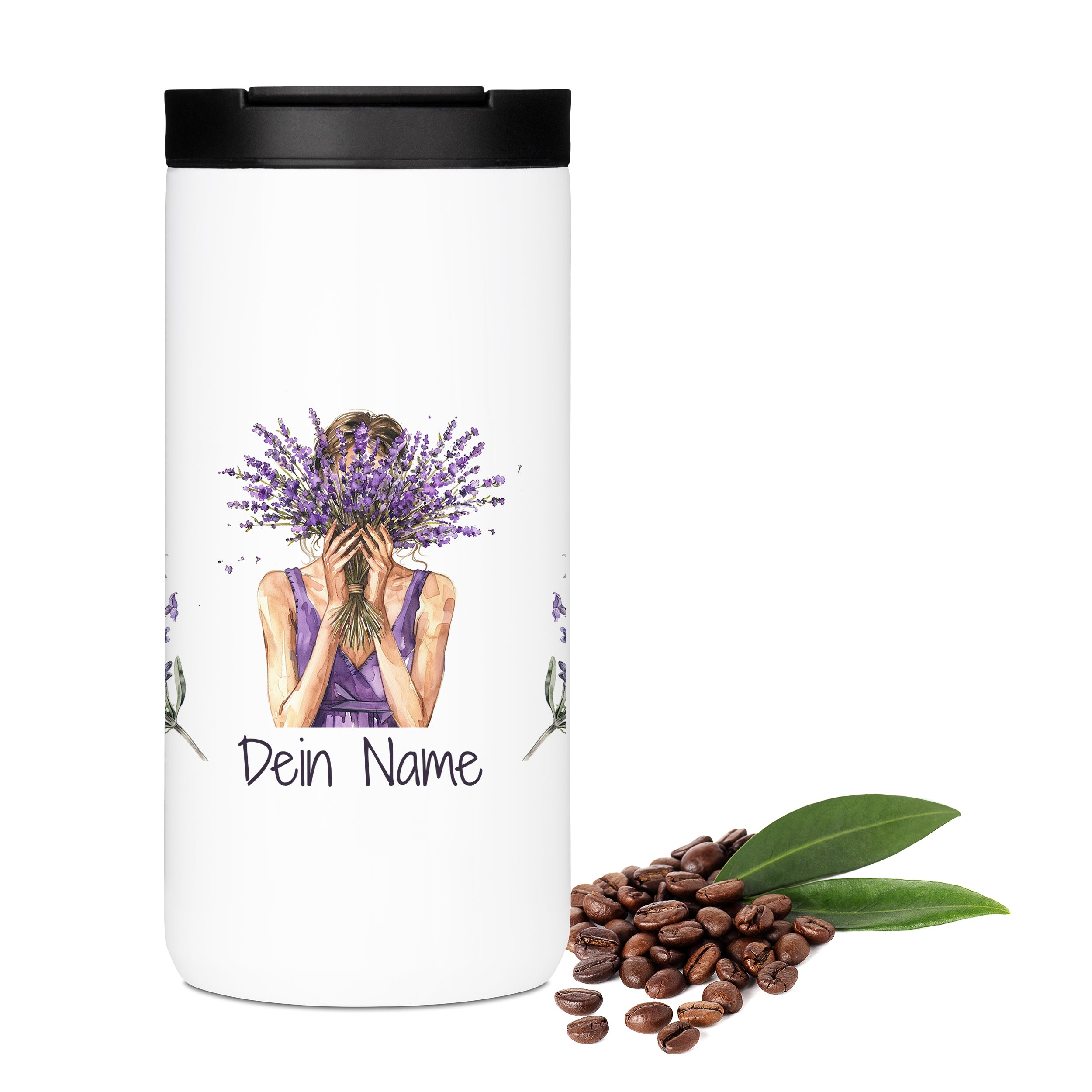 Weißer Thermobecher mit Lavendel-Illustration und personalisiertem Namen.
