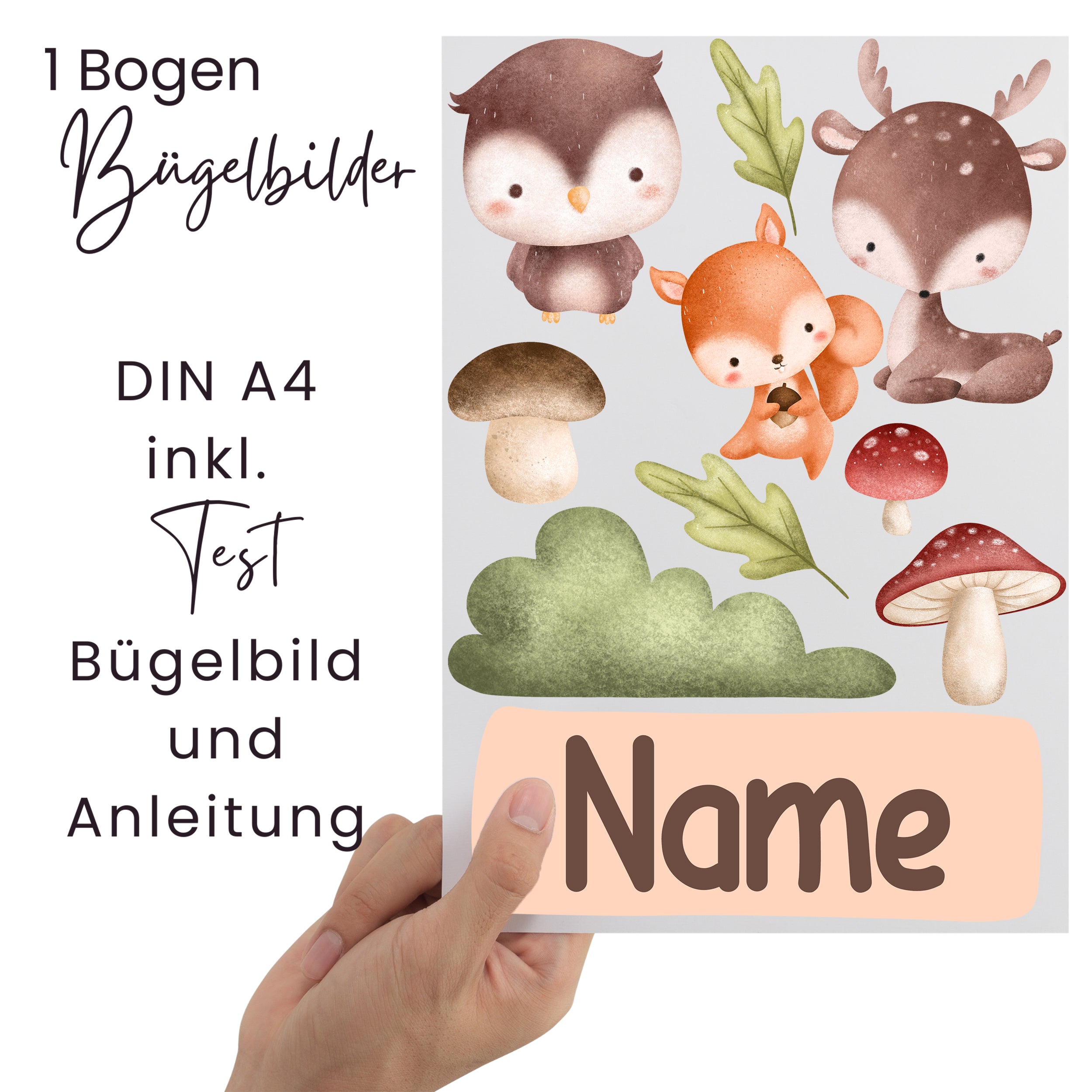 Bügelbilder mit Tieren, Pilzen und Blättern auf A4.
