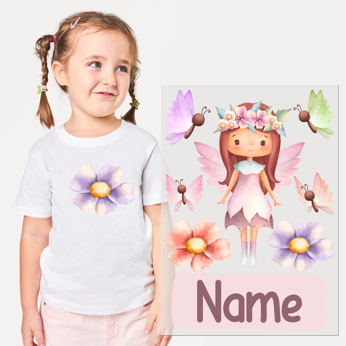 Weißes T-Shirt mit lila Blume und Feenmotiv.