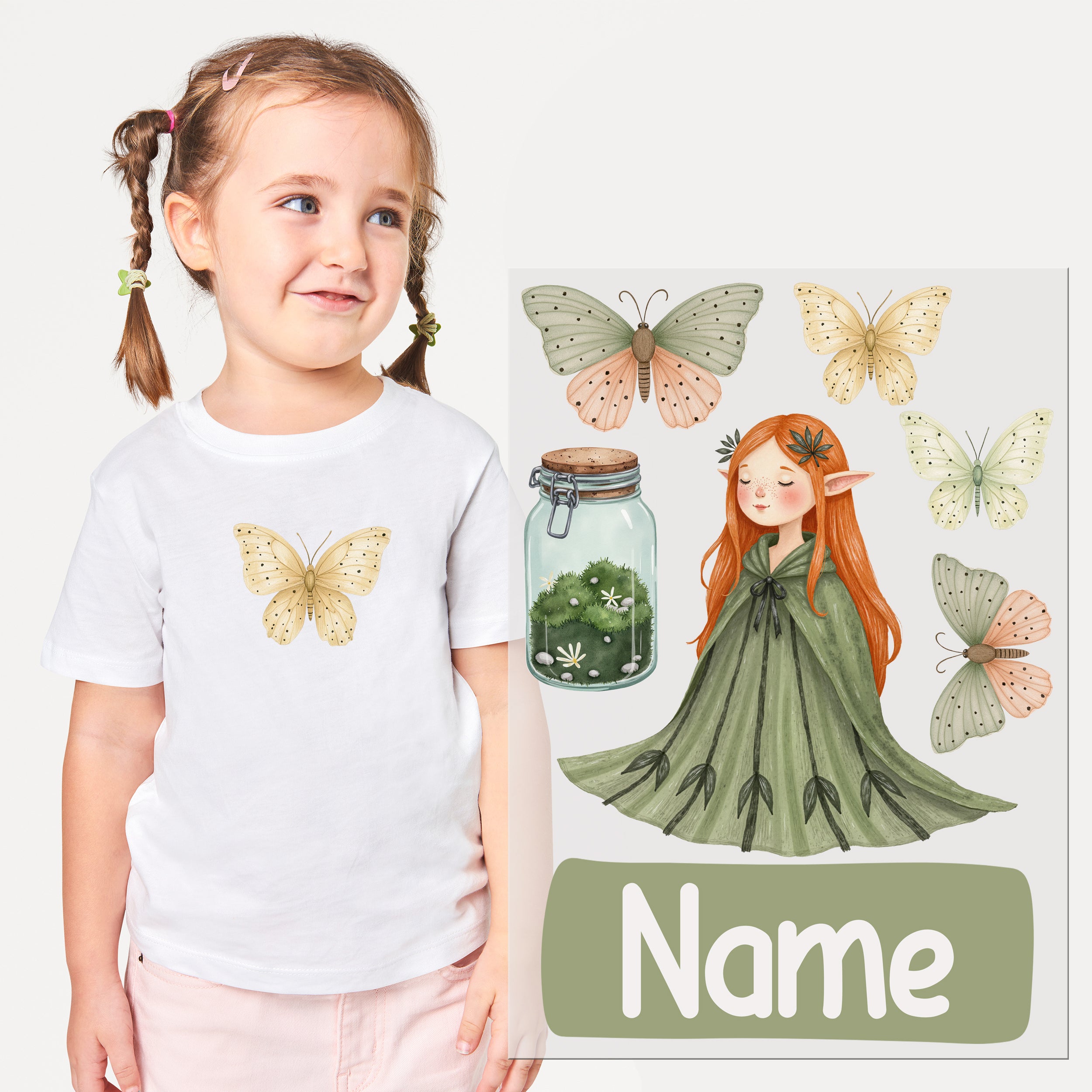 Weißes T-Shirt mit Schmetterlingsdesign und Elfenmotiv.