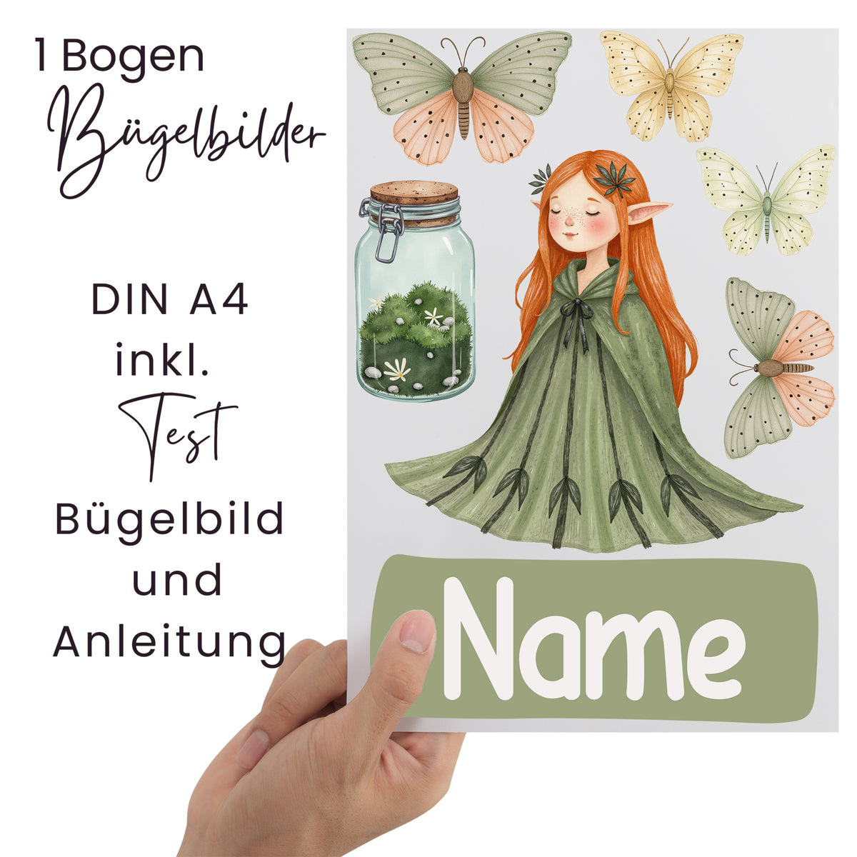Bügelbilder Bogen DIN A4 mit Elfe und Schmetterlingen.