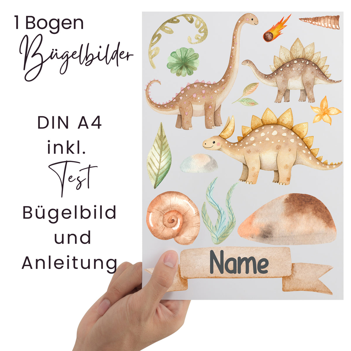 Bügelbilder DIN A4 mit Dinosauriern und Naturmotiven.