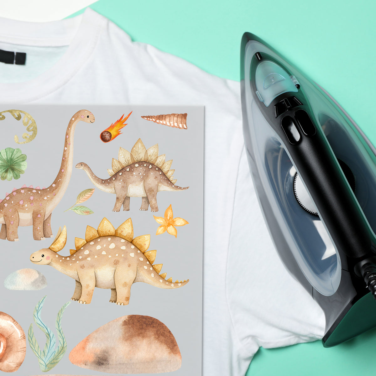 Wassertinten-Dinosaurier-Sticker auf grauem Hintergrund.
