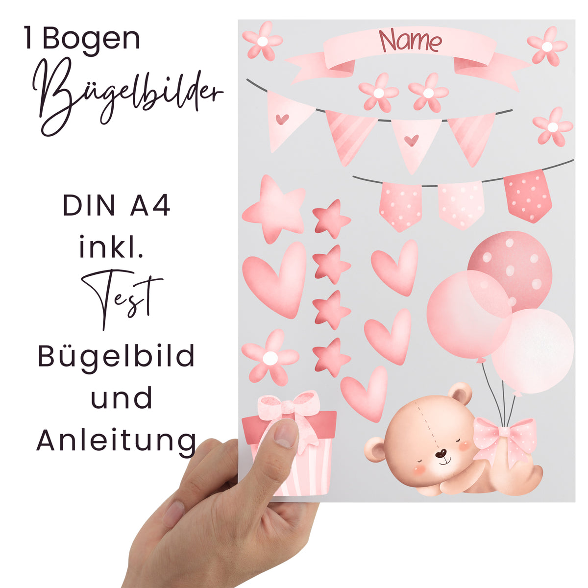 Bügelbilder in Rosa, DIN A4, mit Tier- und Herzmotiven.
