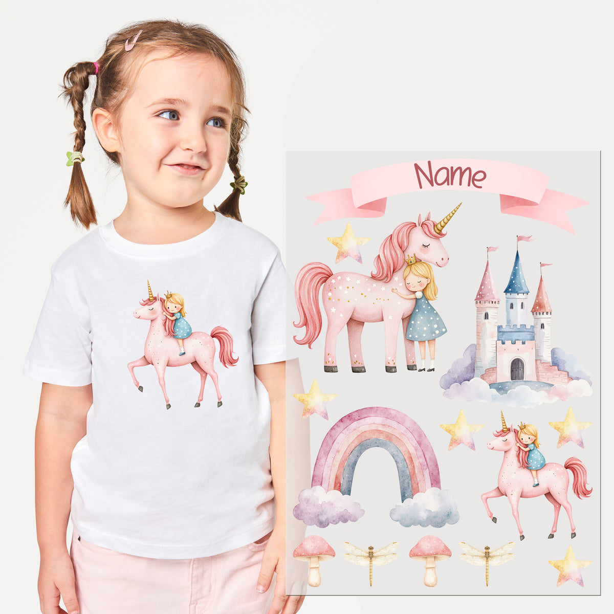 Mädchen in weißem T-Shirt mit Einhorn-Motiv, bunte Aufkleber.