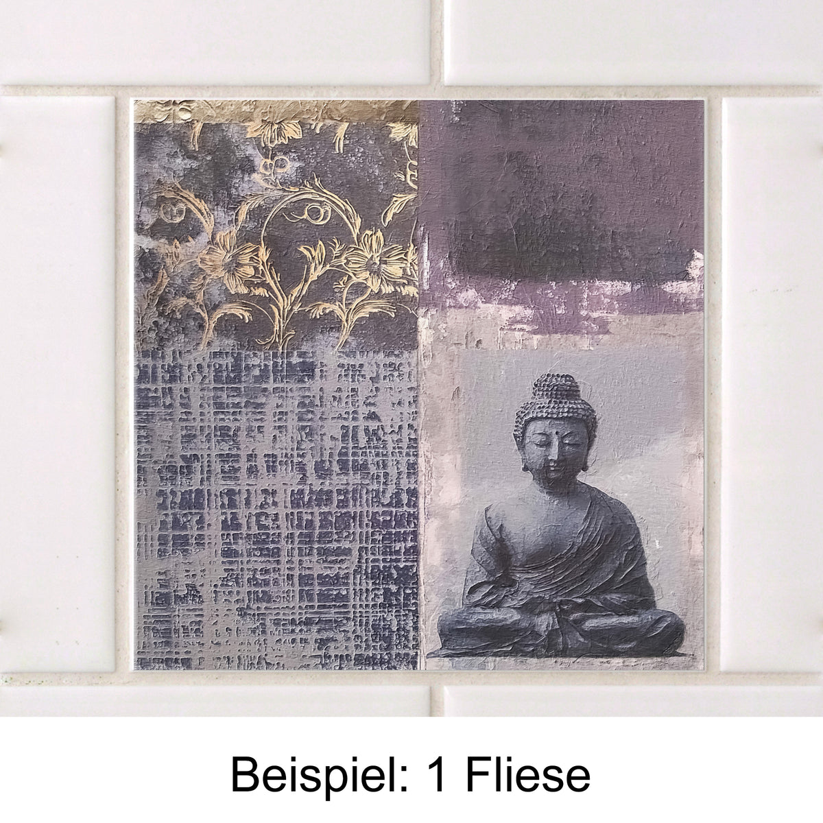 Dekorative Fliese mit Buddha, goldenen und lila Mustern.