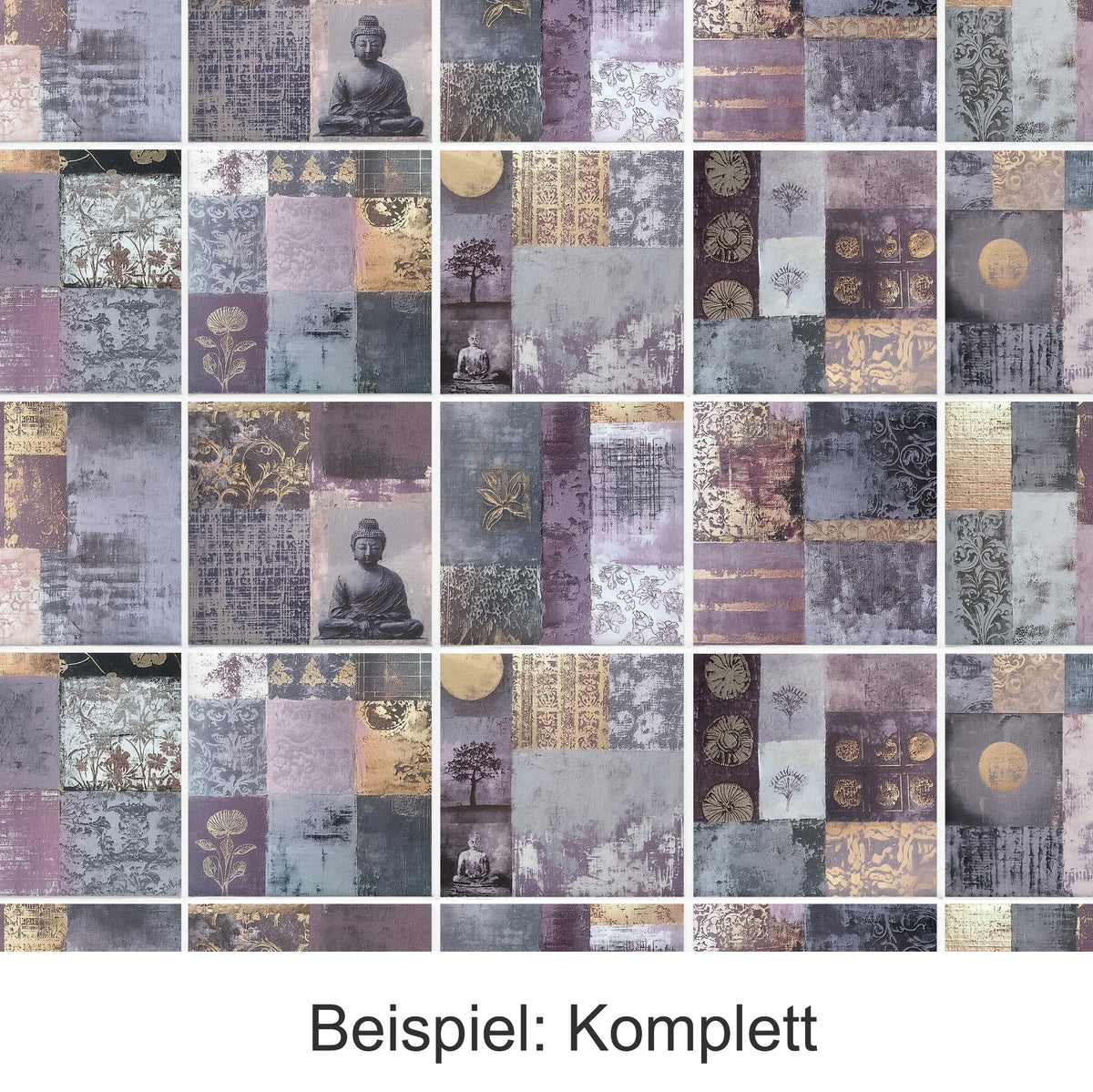 Muster mit Buddha, Lila- und Goldtönen, verschiedene Texturen.